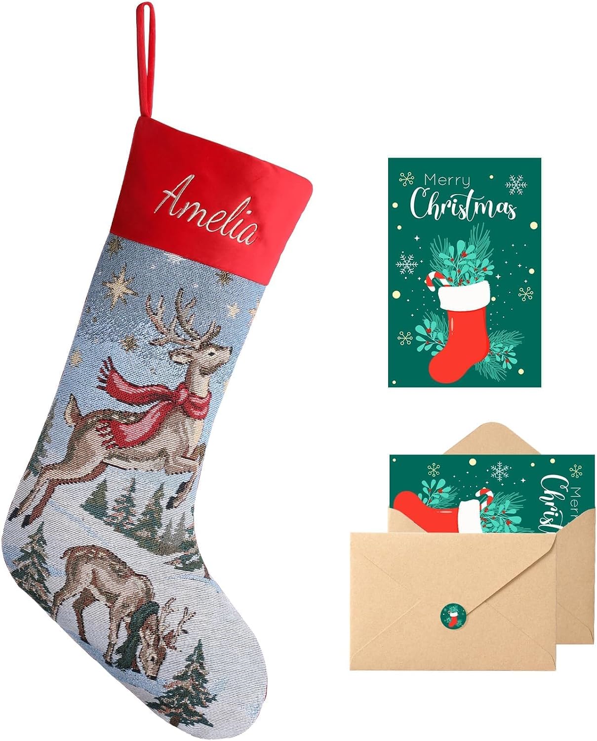 Personalized Christmas Stockings with Name, Reindeer Yarn‑Dyed, 18.5”