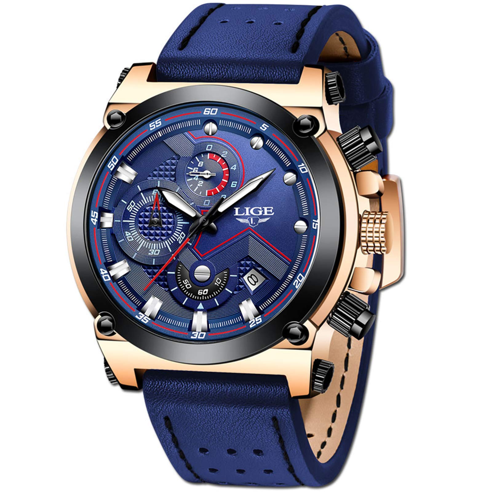 LIGE Relojes Hombre Relojes de Pulsera Marea Cronometro Impermeable Fecha Calendario Analogicos Cuarzo Relojes de Hombre Deportivo Casual Clásicos Multifunción con Correa de Cuero