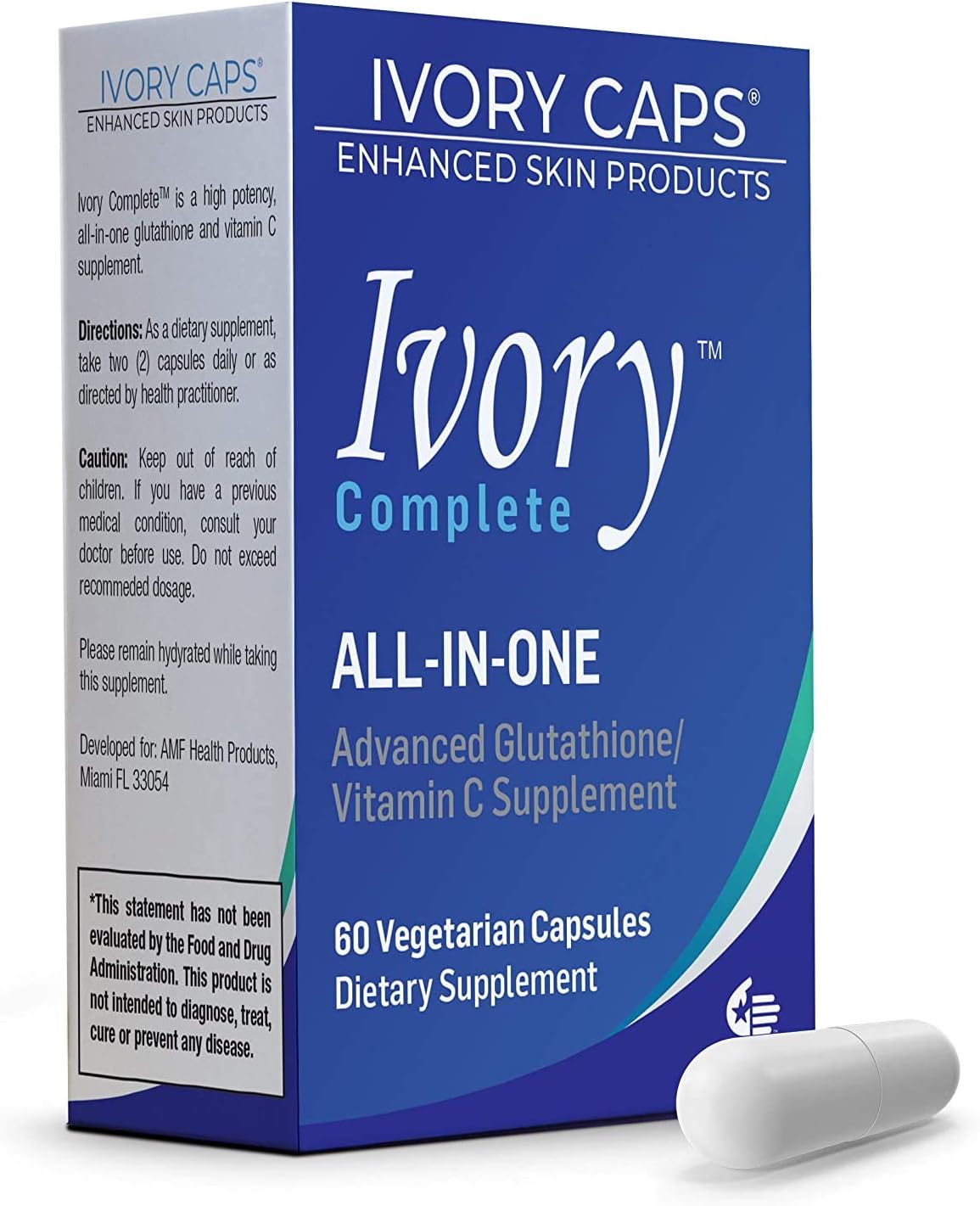 Ivory Caps Ivory Complete ALL-IN-ONE Advanced Glutathione/Vitamin C Supplement with Alpha Lipoic Acid, Bearberry Extract and Green Tea Extract