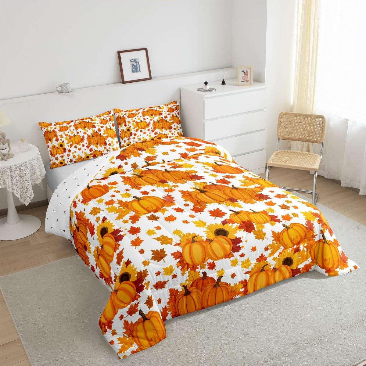 Erosebridal Fall Pumpkin Comforter Set Queen Autumn Maple Leaves Bedding Set Thanksgiving Harvest Season Decor Comforter For Home,Rustic Farmhouse Sunflower Quilt Duvet Set 2 Pillow Cases Orange White