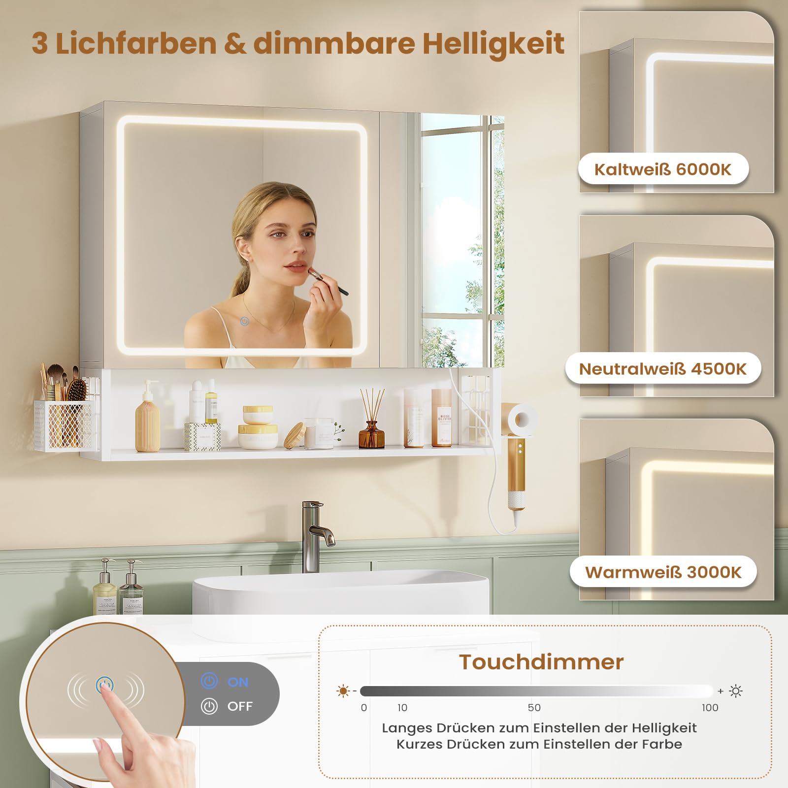 FORABMAB Armoire Toilette Miroir avec éclairage LED et Prise, Meuble Salle de Bain avec Miroir HD, Étagère Réglable, Panier Suspendu,Support pour Sèche-Cheveux,Armoire Salle de Bain,16x70x80 cm,Blanc