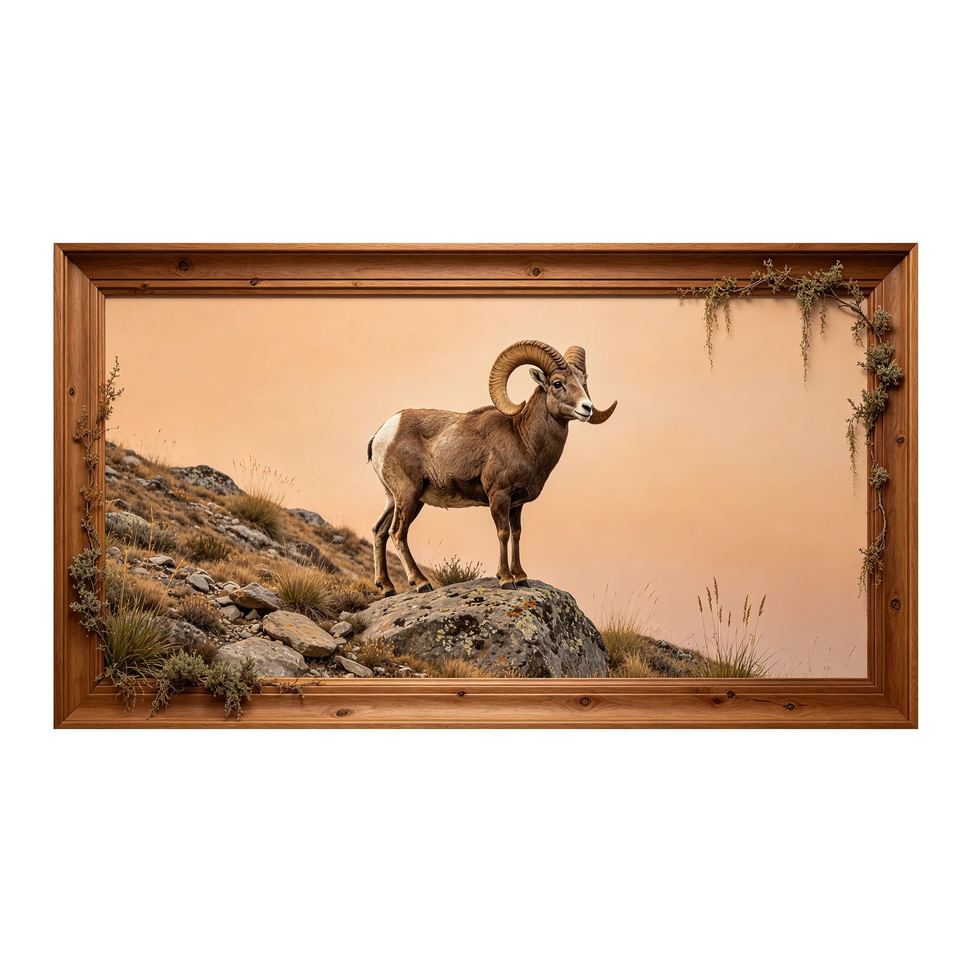 Murasolite 3D 3D Framed Wall Art 50cm×90cm Mountain Wildlife Ram Landscape Realistic Style SelfAdhesive Fabric Mural Wall Decor, Peel and Stick No Damage to Wall for Bedroom Living Room