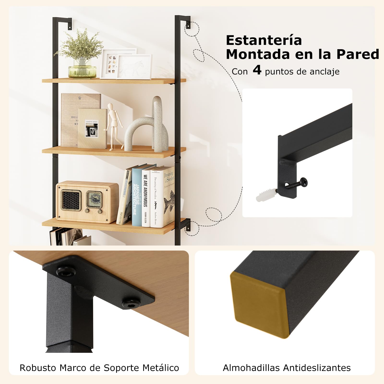 COSTWAY Estantería Escalera de Pared, Estantería de Ratán con 3 Niveles y Armario, Marco de Metal, Libreria Estrecha Salon Dormitorio Oficina Baño, Natural, 60 x 30 x 184 cm