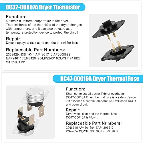 Miniatura 6 de DC97-14486A Elemento calefactor para secadora OEM DC96-00887A, apto para secador Samsung dv45h7000ewa2 dve50r5400va3 dve50r5200wa3, reemplaza