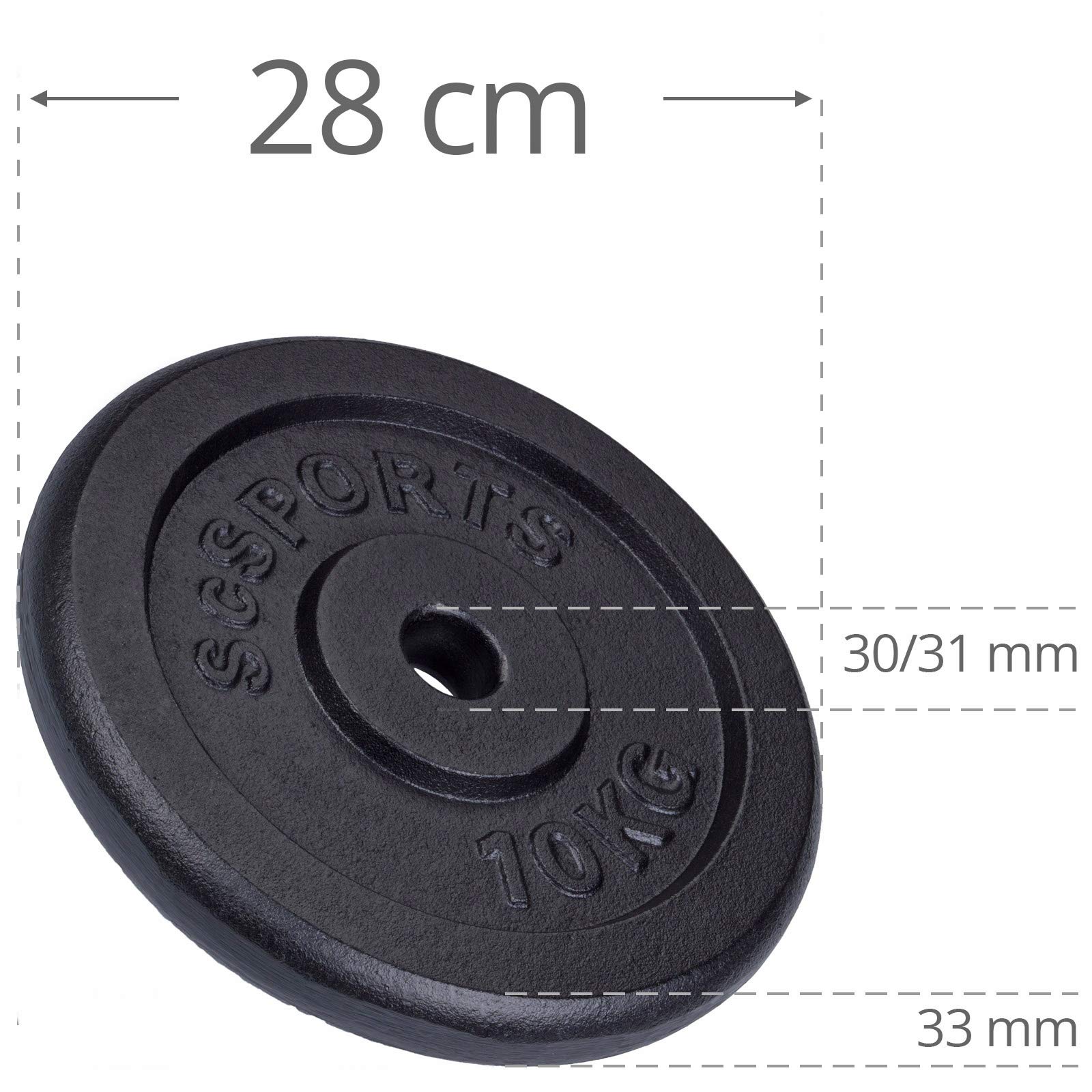 Set de disques d'haltère fonte de ScSPORTS 20 kg poids 2 x 10 kg trou de perçage 30/31 mm, contrôlé par Intertek + examen réussi