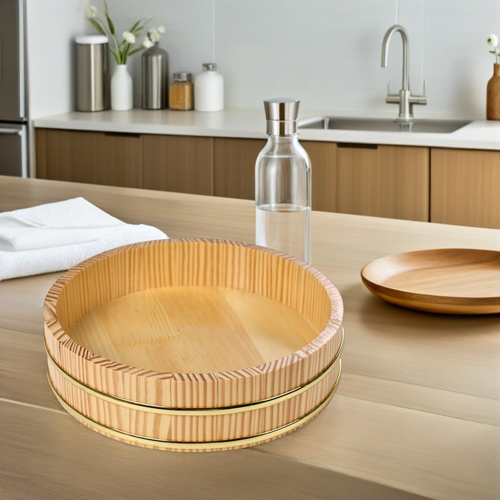 Cuenco Capacidad Grande de Madera con Borde Dorado Hangiri Japonés Elegante y Refinado para Sushi y Sashimi para Reuniones Familiares y Mesa de Comedor