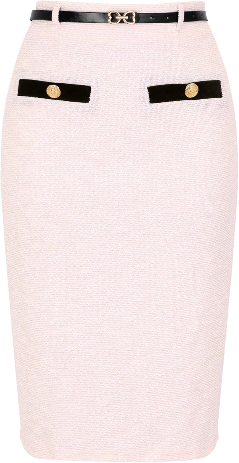 Allegra K Pencil Skirt for Women Knee Length High Waisted Tweed Skirt Button Decor Bodycon Office Work Skirts with Belt