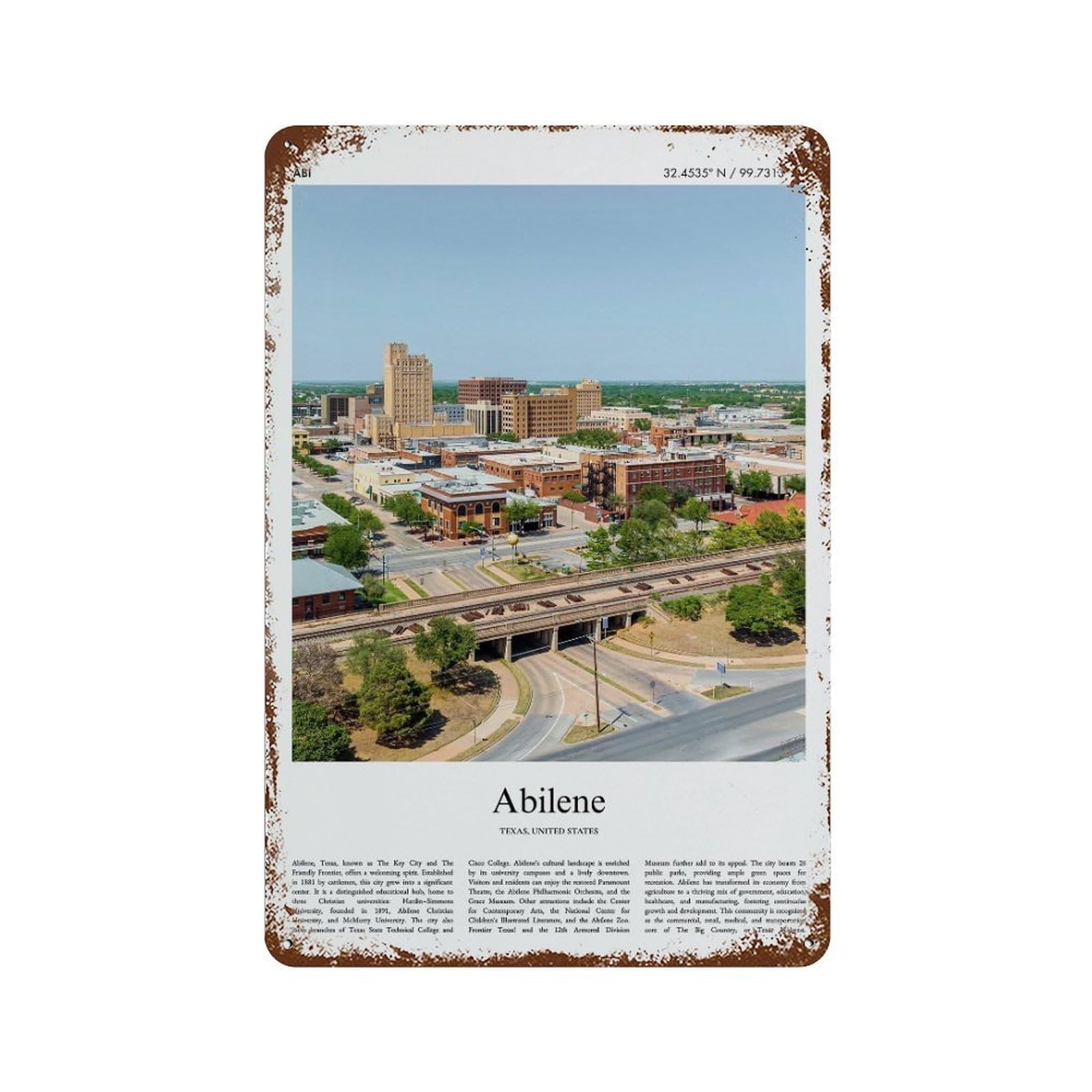 xiaoxiaoshen AbileneTexas, United States, USA City Scenery Wall Decor Art Metal Tin Poster Modern Home Decor Art Home Bar Shop Decorations Vintage Sign 30x20cm