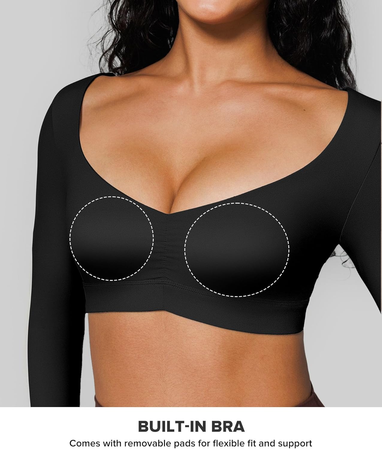 BRXL Long Sleeve Workout Crop Top for Women Built in Bra Gym Athletic Tops Deep V Neck Ruched Padded Dance Sexy Shirts - Image 5