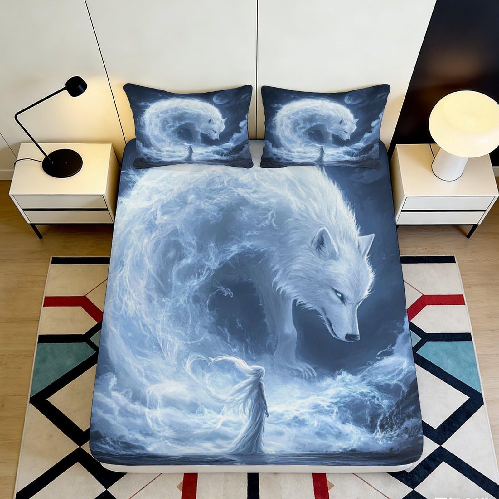 3D Printed Mystic Wolf Fitted Sheet Microfiber Soft Breathable Spirit Animal Bed Cover for Bedroom Dormitory Guest Room Mattress Protection Decor 180x200x25cm