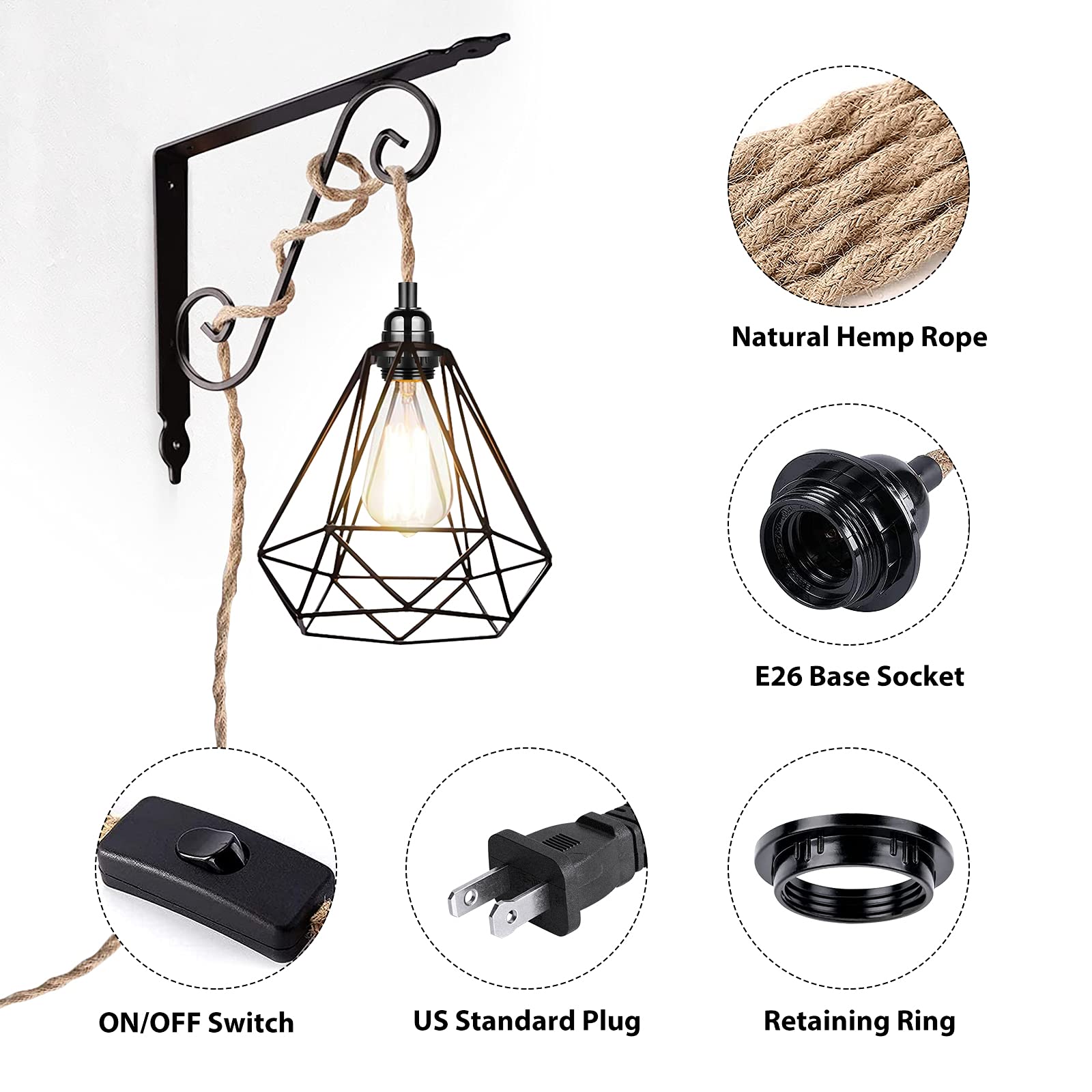 Lámpara colgante enchufable, 15 pies, cable de luces con cable de interruptor, enchufe de bombillas E26, luces industriales de cuerda de cáñamo trenzada para decoración de casa de campo, dormitorio, 4