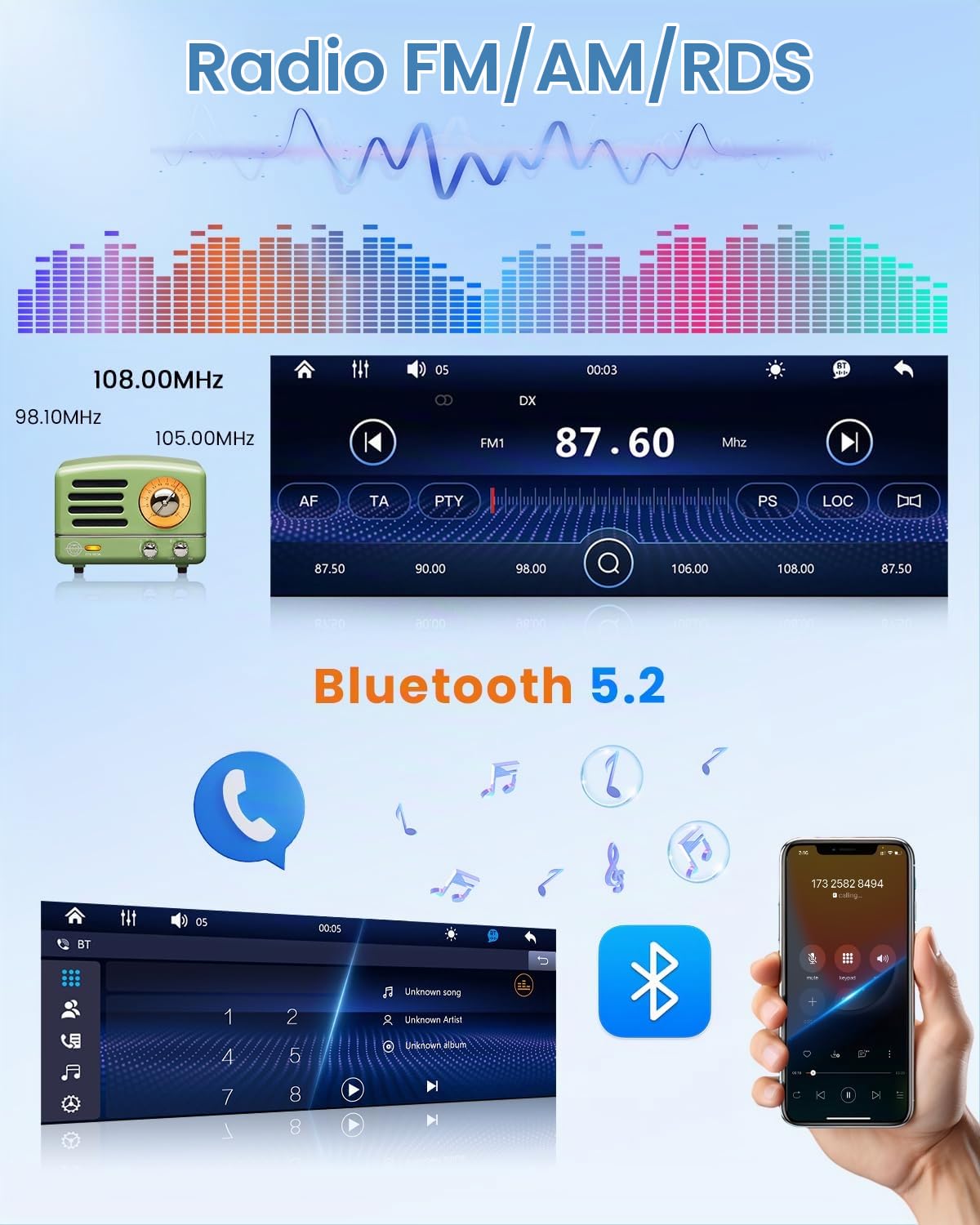 1 DIN AM Android Autoradio Compatibile con Wireless CarPlay Android Auto | 6,5 Pollici Incell Touchscreen Player Radio con RDS FM Bluetooth Ricarica Rapida Mirror Link Telecamera per Veicolo Type-C