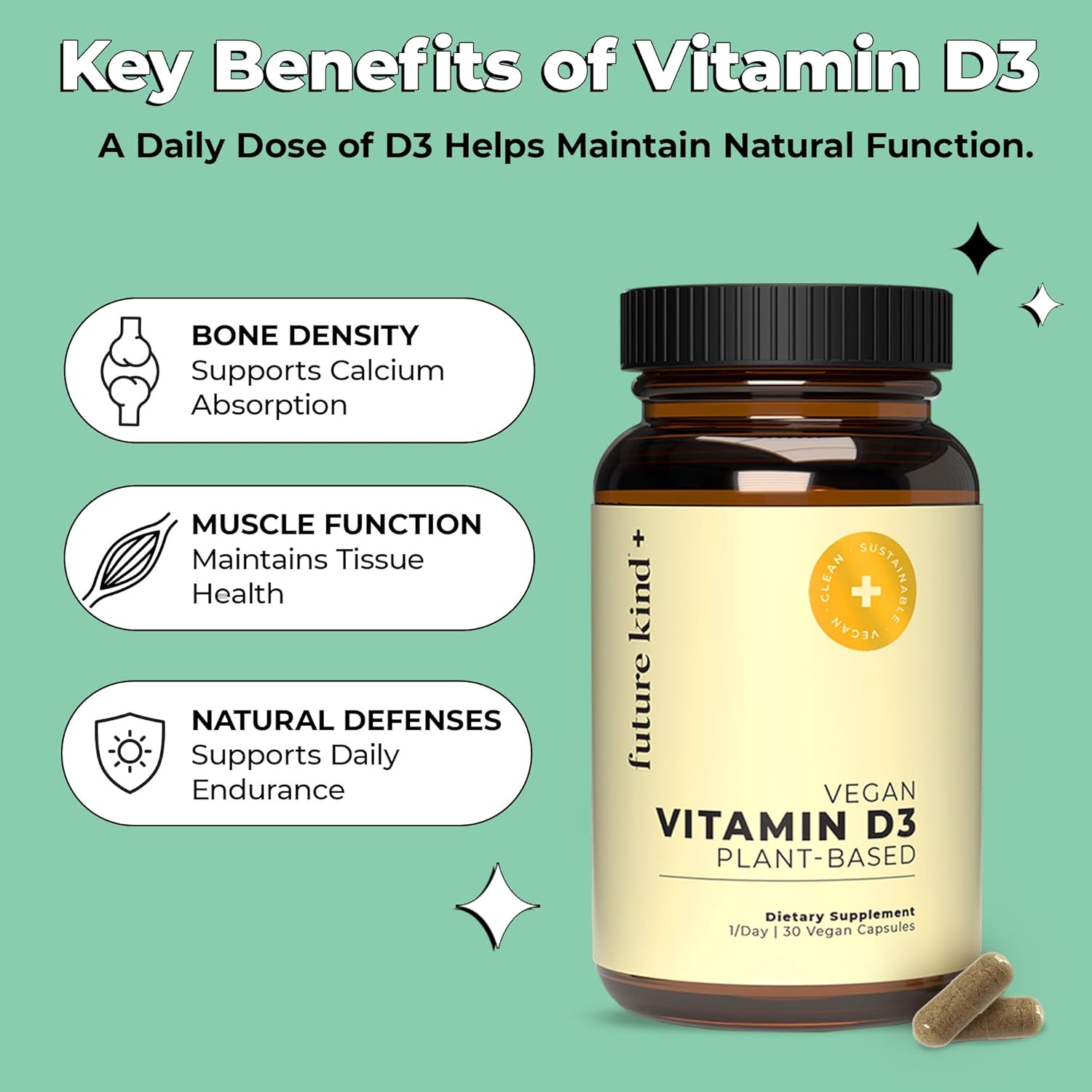 Future Kind Vitamin D3 2500 IU for Bone and Muscle Function, Vitamin D Vegan Supplement from Plant Lichen, Non-GMO, Sugar Free, Pure Vitamin D3, Promotes Natural Resilience, 30 Capsules - Image 3