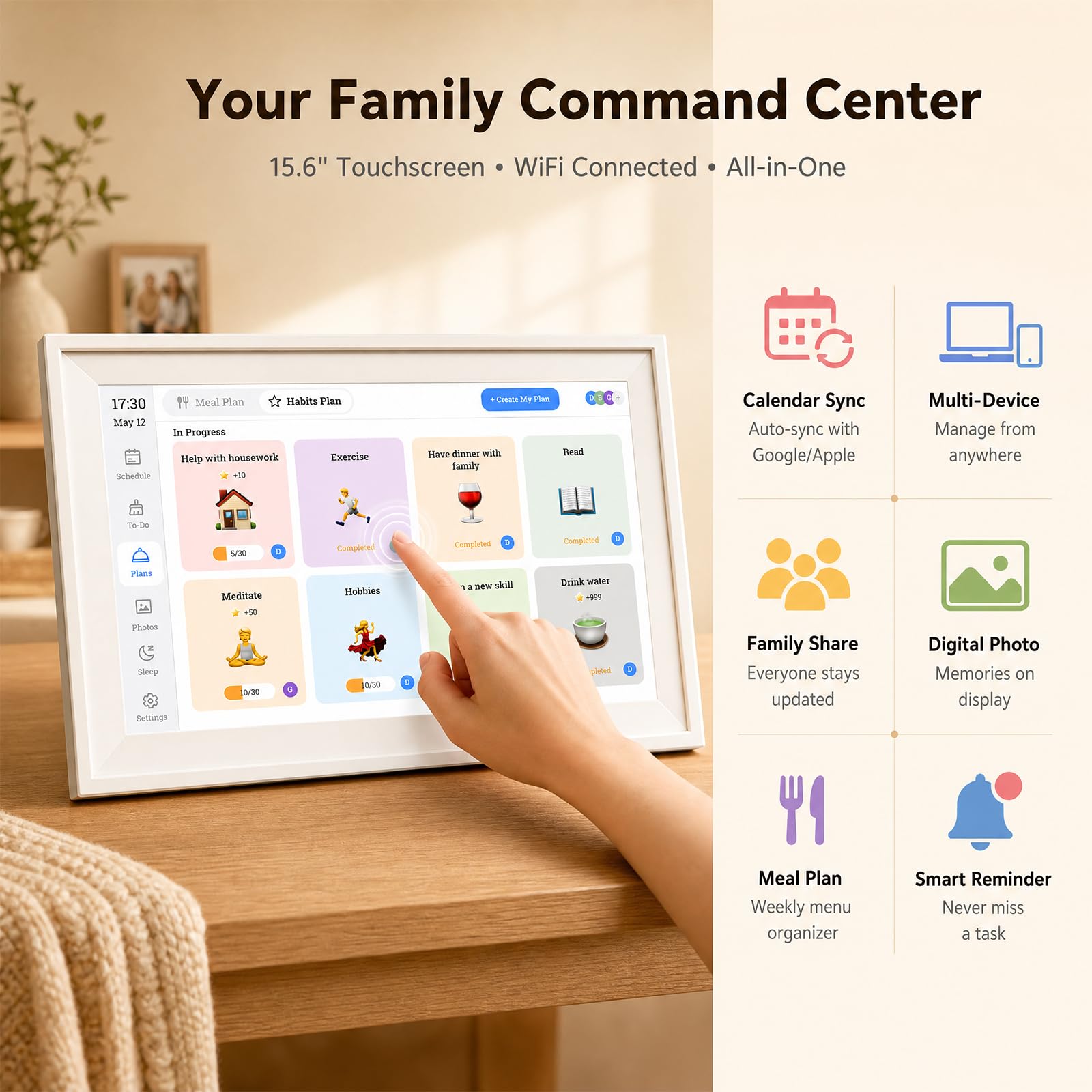 15,6 Zoll Digitaler Kalender Wand Touchscreen 32GB Elektronischer Smart Familienplaner mit Aufgabendiagramm Wand & Schreibtisch montierbar Interaktiver Kalender für Zuhause Geschenke für Mama Papa