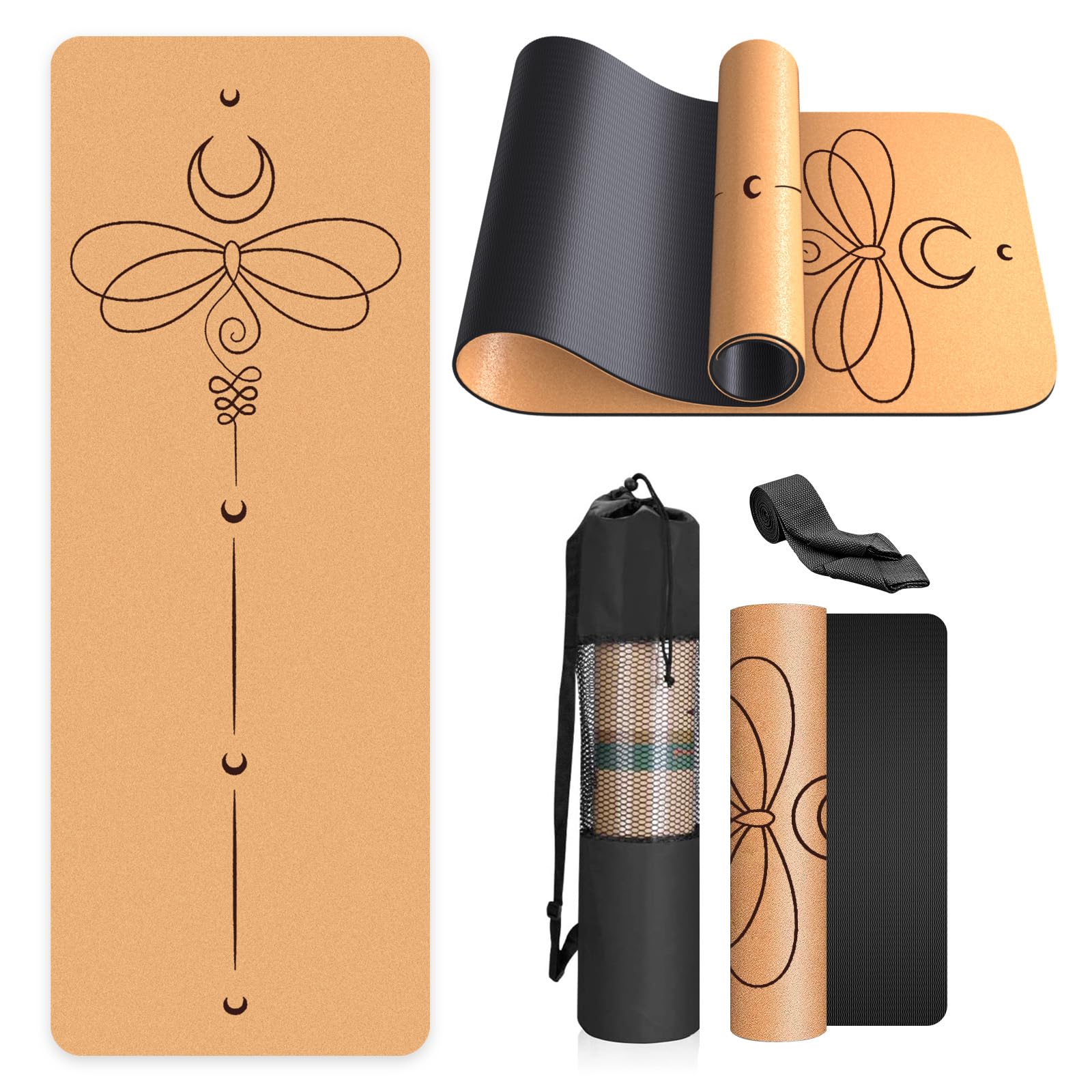 Eco-Friendly Yoga Mat Non Slip Unique Design Natural Cork Tpe Material Fitness Exercise Mat with Carry Bag and Strap For Home, Pilates,Aerobic,Gym & Workout(4 patterns available)