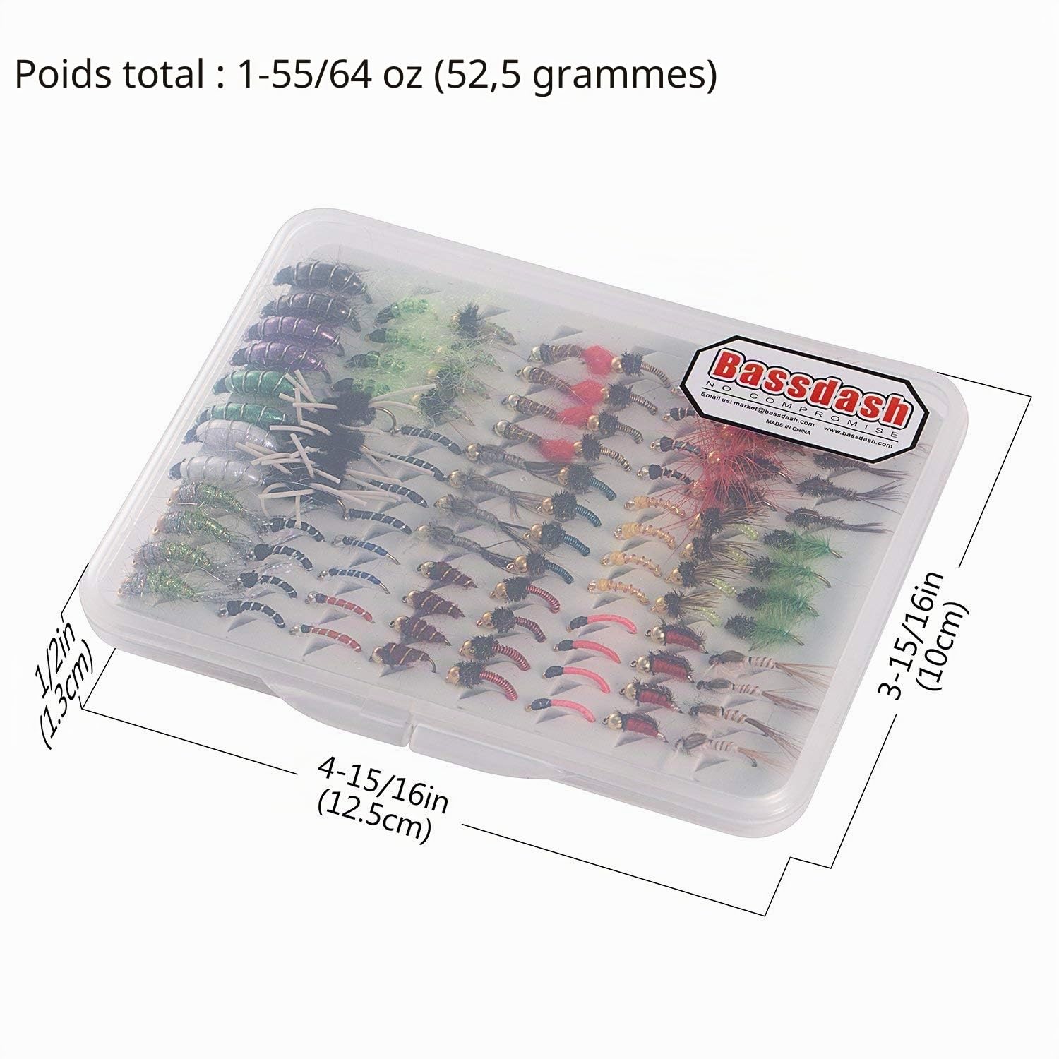 BASSDASH Ensemble de Mouches de pêche à la Mouche Pêche à l'achigan à Grande Bouche avec boîte à Mouches, avec Mouches sèches/Mouches noyées, nymphes, banderoles, Poppers