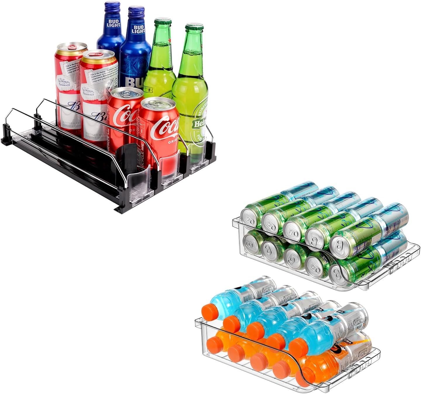 Automatic Soda Can Organizer and 2 Packs Clear Width Adjustable Soda Can Organizer for Refrigerator for Beer Soda Seltzer Drink Pop Cans Holder Storage Pantry Organization