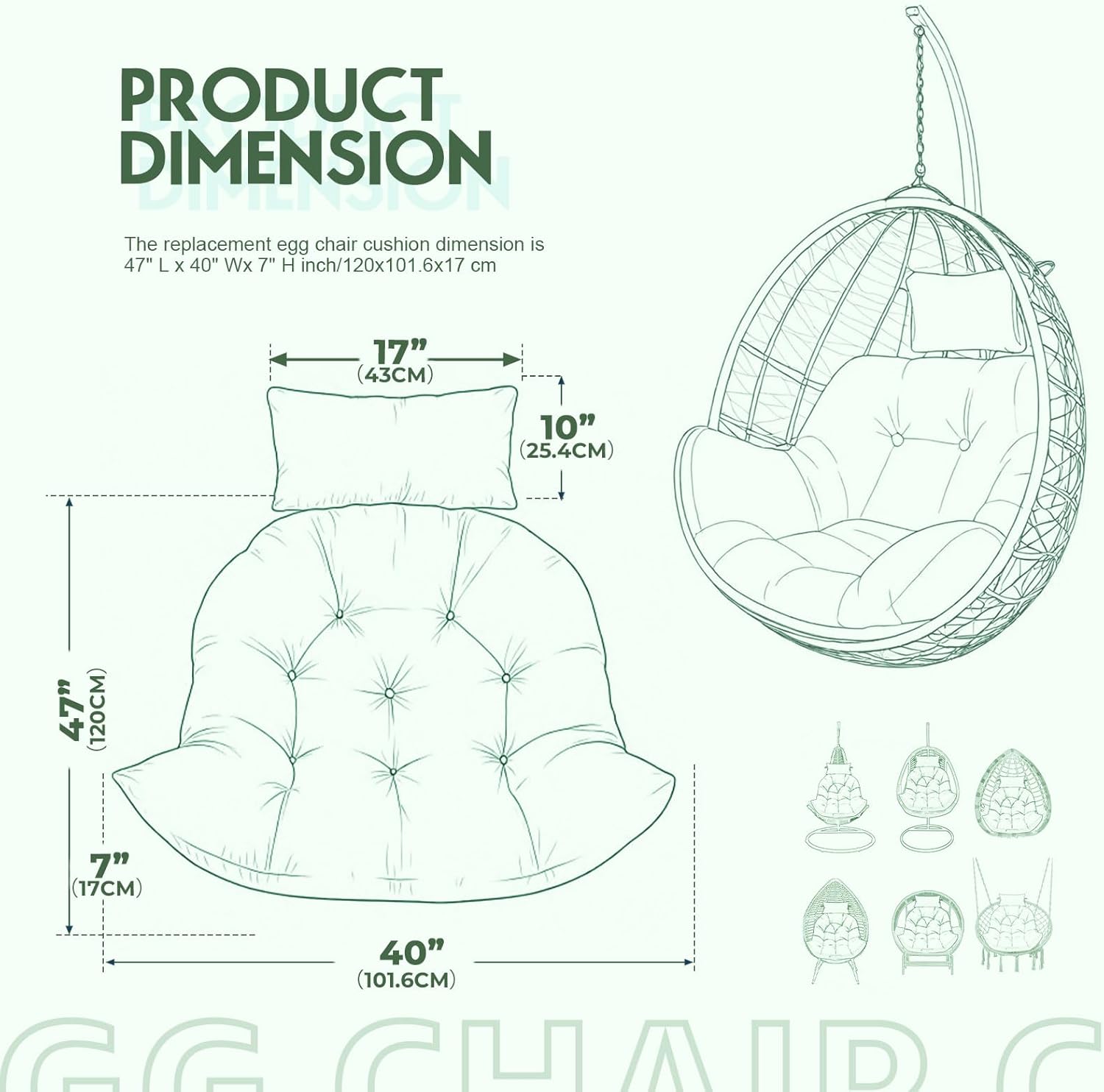 Outdoor Egg Chair Cushion, Waterproof Hanging Chair Cushion with Headrest Pillow, Egg Chair Replacement Cushion for Patio Furniture, U-Shaped Eggs Swing Cushion for Basket Chairs, Green