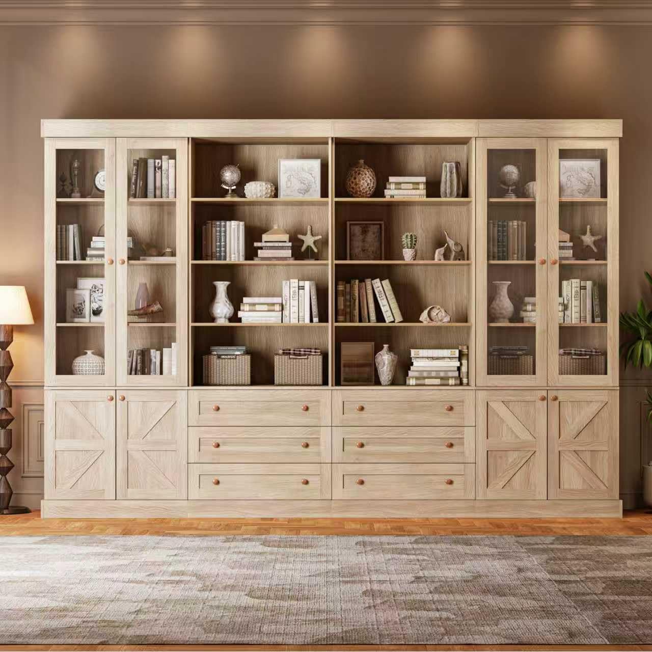 Vyre 71" Tall Farmhouse Bookshelves with Glass Doors and Drawers, Large Modular Bookcase with Adjustable Shelves, Rustic Storage Cabinet for Living Room and Kitchen, Brown, Set of 4