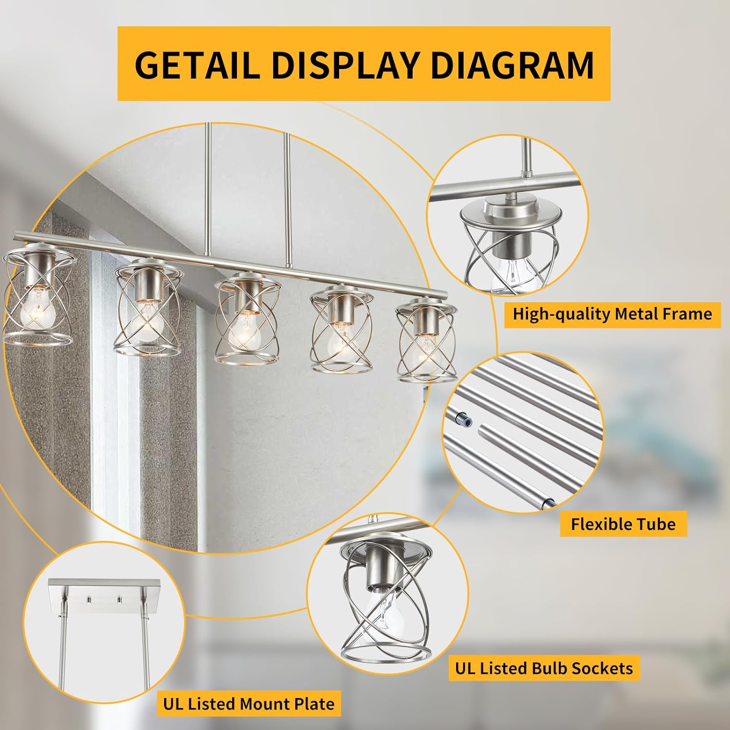 Kitchen Island Light, 5-Light Dining Room Lighting Fixtures Hanging, Farmhouse Linear Pendant Light for Kitchen Island Table Living Room with Adjustable Rods, Brushed Nickel