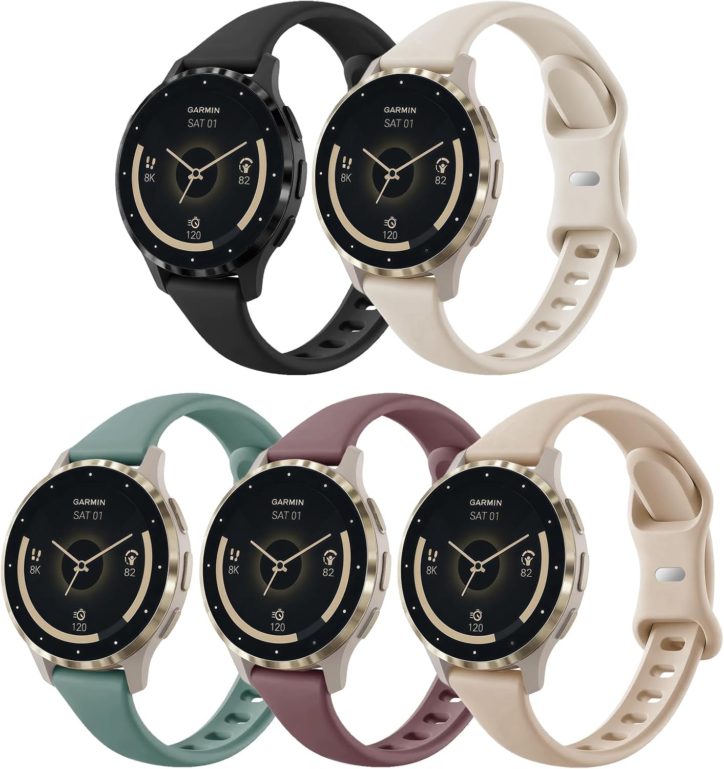Slim Silicone 18mm Compatible with Garmin Venu 3S Watch Bands/Venu 4 41mm/Venu 2S, 5 Pack Thin Soft Narrow Loop Soft Sport Rubber Straps Quick Release Wristband for Forerunner 265S/255S