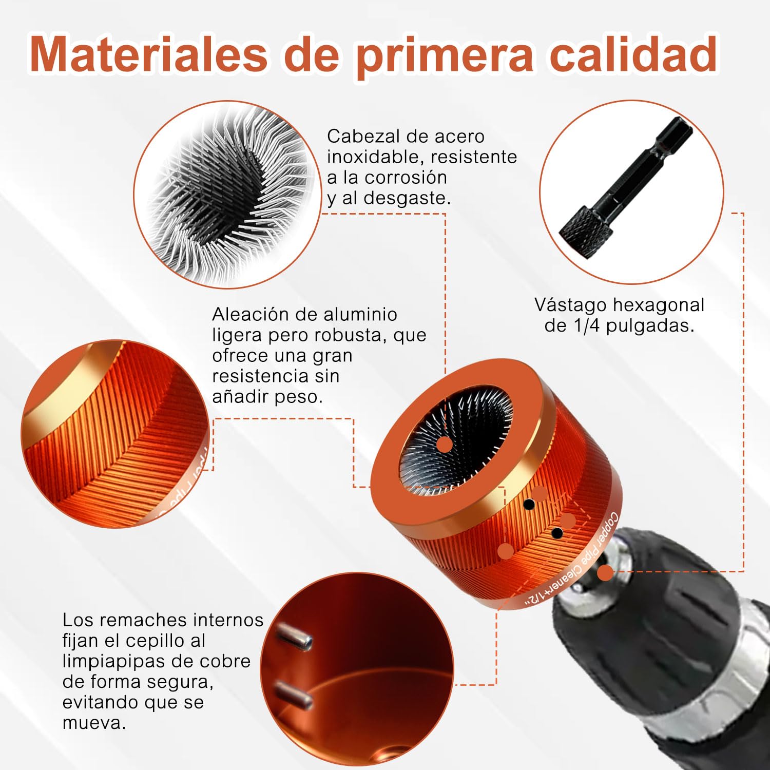 Juego de Cepillos para Tubos Metálicos de Cobre de 15 mm y 22 mm con Cabezales Reemplazables, Suciedad y Pintura de Tubos de Cobre y Metálicos de Varios Tipos