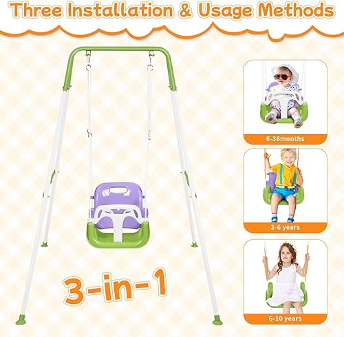 Miniatura 2 de Juego de columpios 3 en 1 para niños pequeños, columpio para bebé con soporte para jugar en interiores y exteriores, juego de columpios para patio