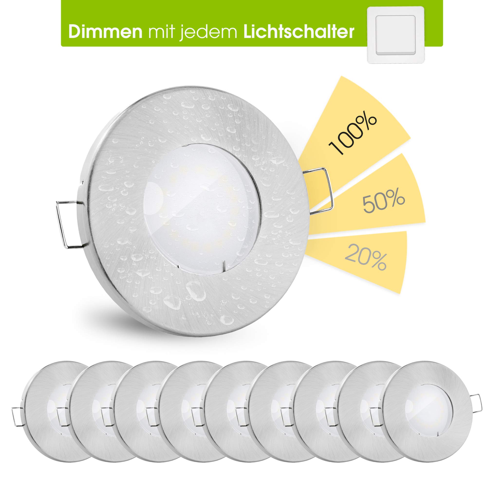 linovum 10 Stück fourSTEP Einbauleuchte LED Bad flach dimmen ohne Dimmer - LED GU10 5W warmweiß 230V - Spot IP65 gebürstet