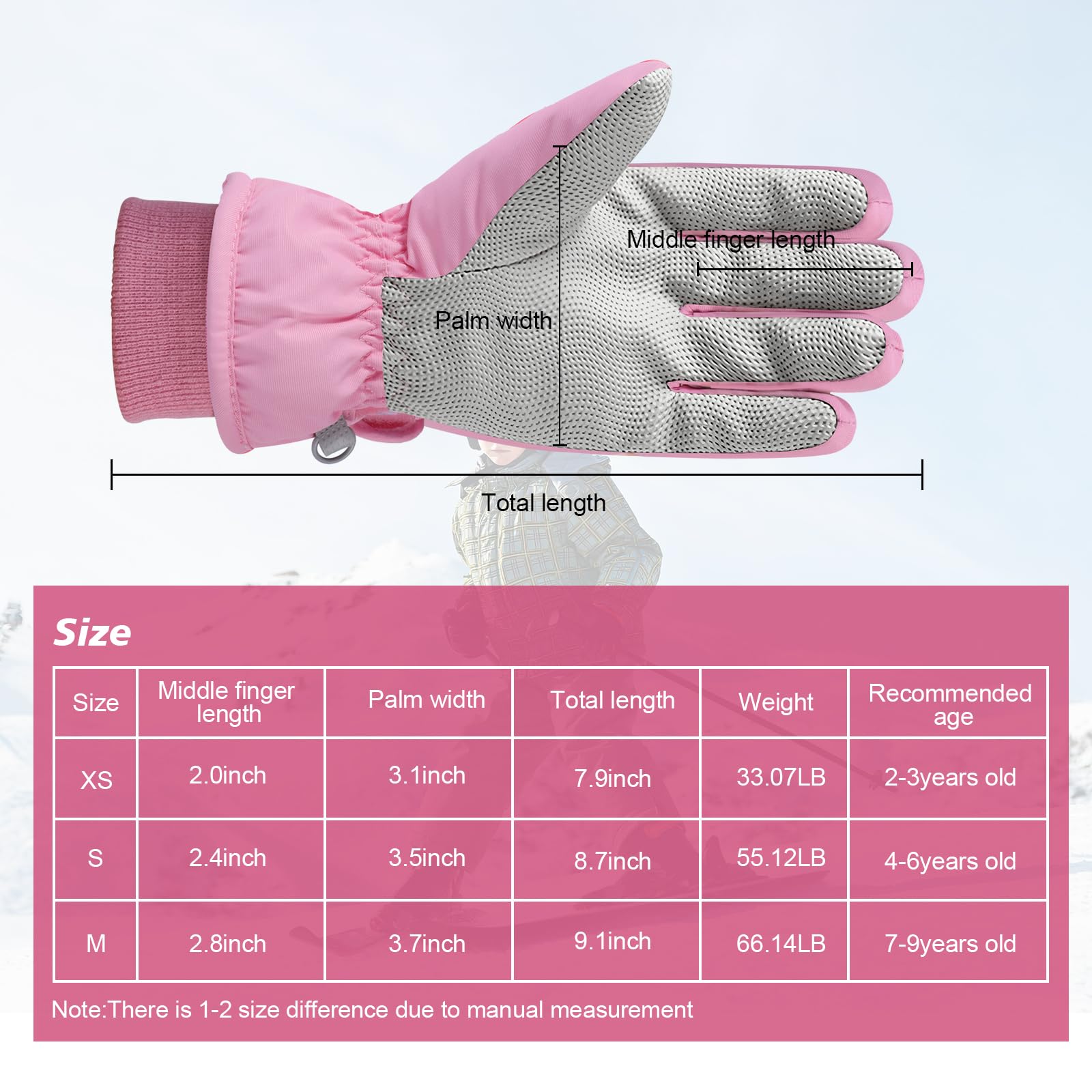 QKURT Gants de Ski pour Enfants, Gants Chauds d'hiver épais, Mitaines de Neige Coupe-Vent, Gants pour Temps Froid, Gants de Luge, Gants de Snowboard, Gants de Patinage pour Enfants de 2 à 9 Ans
