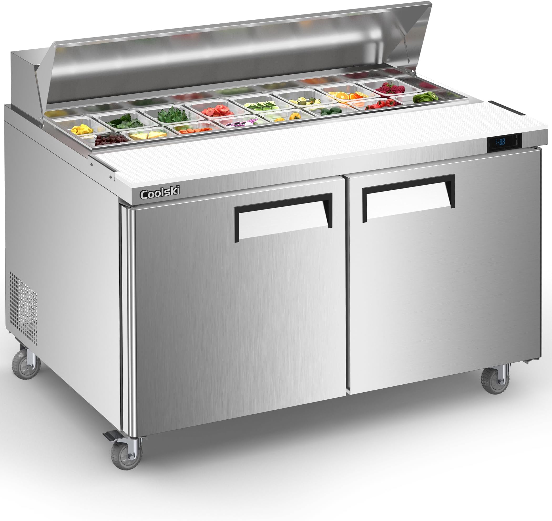 Coolski 60’’ W Sandwich Salad Prep Table, Commercial Refrigerator Fridge with 2 Doors 16 Pans Cutting Board, Ideal for Restaurants Bars Cafeterias Hotels, ETL NSF Approved