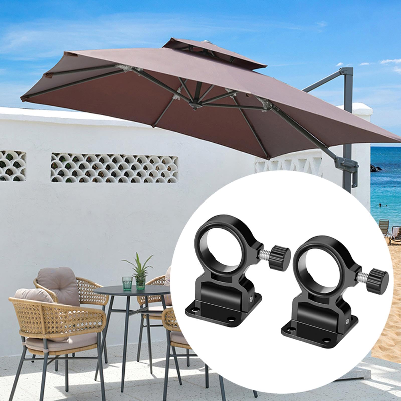 Lot de 2 supports de parapluie de pêche, supports de parasol pliables à fixation murale, pour balcon, terrasse, plate-forme de pêche (noir)