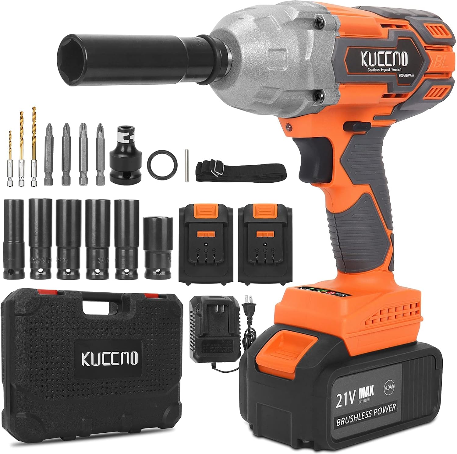KUCCMO 21V Cordless Impact Wrench Kit, Max Torque 442 Ft-lbs (600Nm), Impact Wrench 1/2 Cordless, 3200 RPM Power Impact Wrench, 4.0Ah Li-ion Battery, High Torque, Suitable for Car and Home Improvement