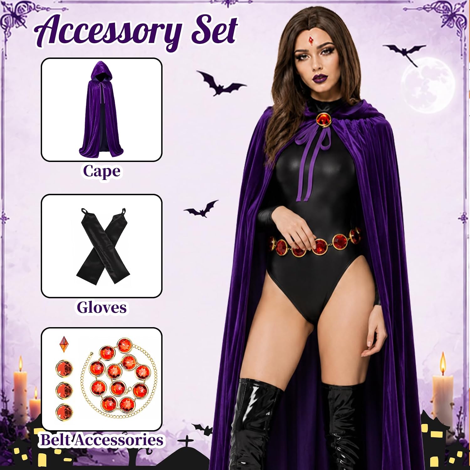 Women’s Purple Cape Halloween Costume for Adults, Gothic Cosplay Party Wear