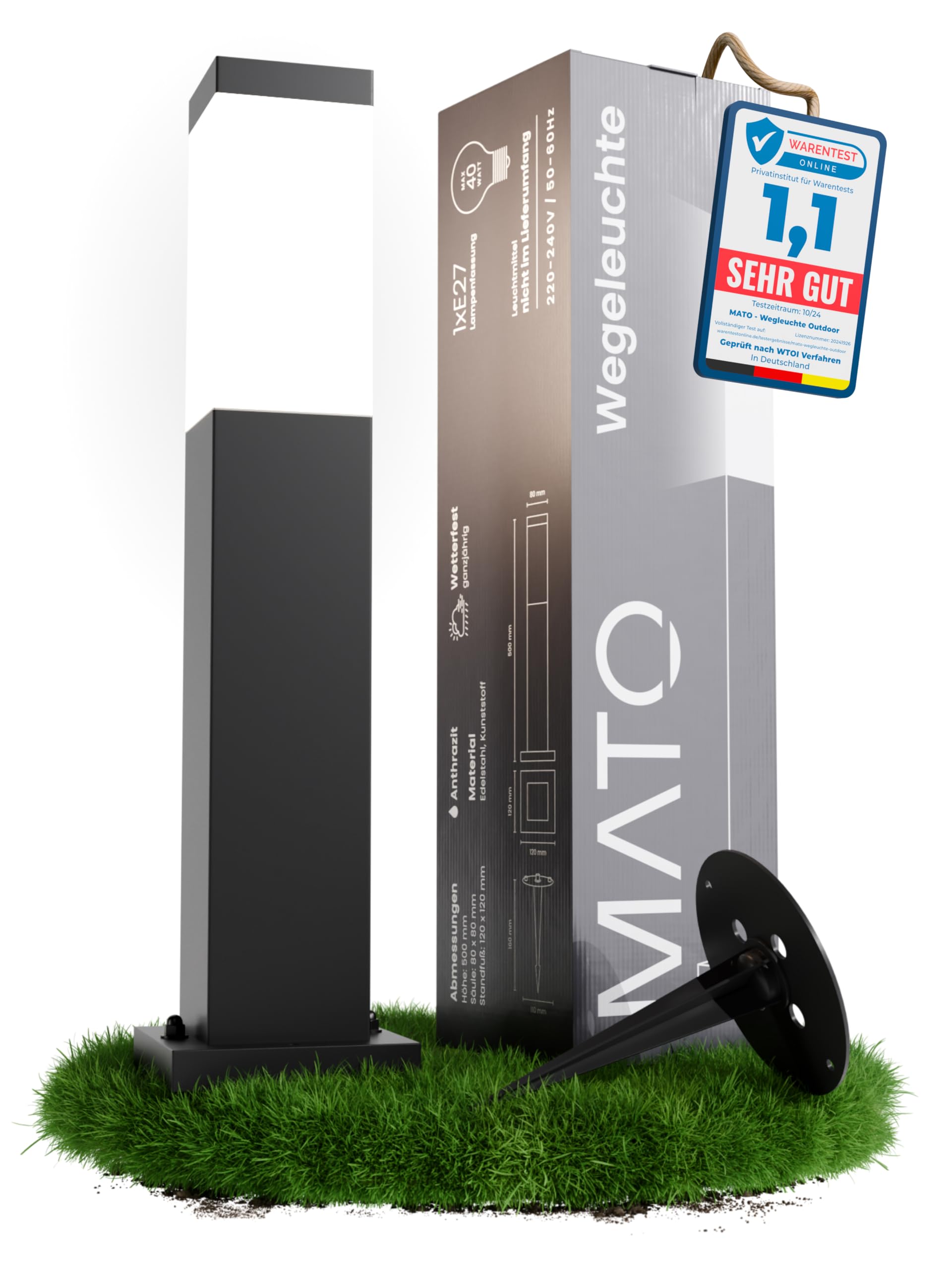 MATO Weglampe Außen mit Erdspieß - E27 Fassung, Höhe 50 cm - Outdoor Pollerleuchte aus Edelstahl IP44 - Wegleuchte, Sockelleuchte, Standleuchte, Gehwegleuchten Außen, Wegbeleuchtung