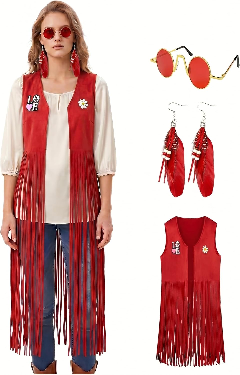 60s 70s Hippie Costume for Women, Lightweight Fringe Vest with Sunglasses Earrings Boho Outfits Disco Party Halloween