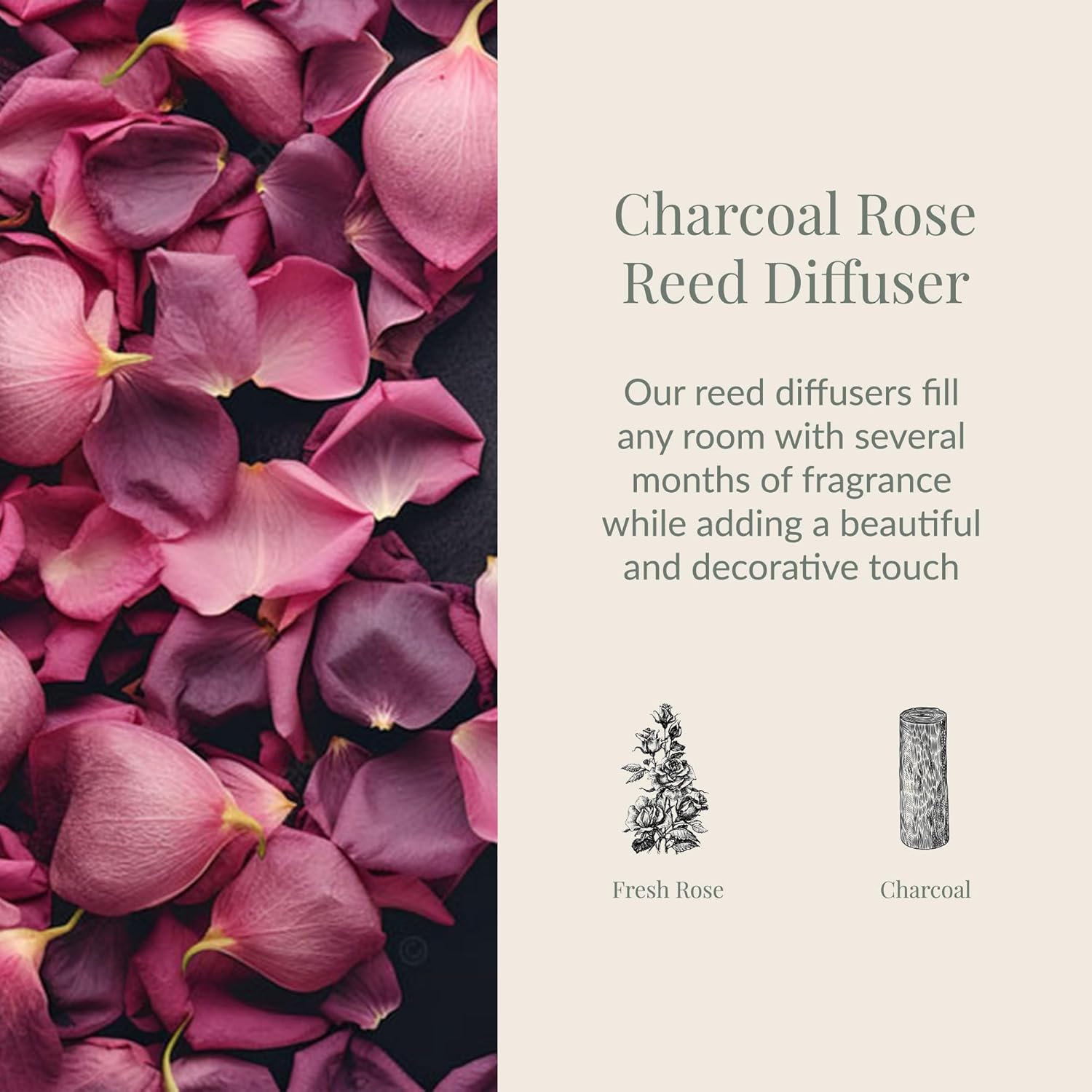 Archipelago Botanicals Charcoal Rose Reed Diffuser, Home Fragrance Reed Diffuser, Includes Fragrance Oil, Decorative Wooden Cap & 10 Diffuser Reeds, Perfect for Home, Office or Gift, 7.85 fl oz