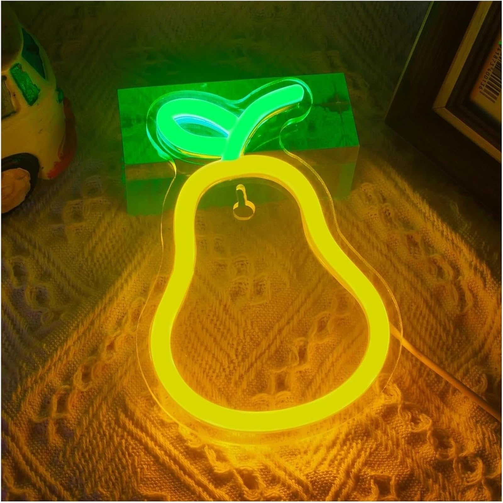 Pannello decorativo con insegne al neon, a forma di pesca, pera e peperoncino, luce LED interruttore, 10,5 cm x 15
