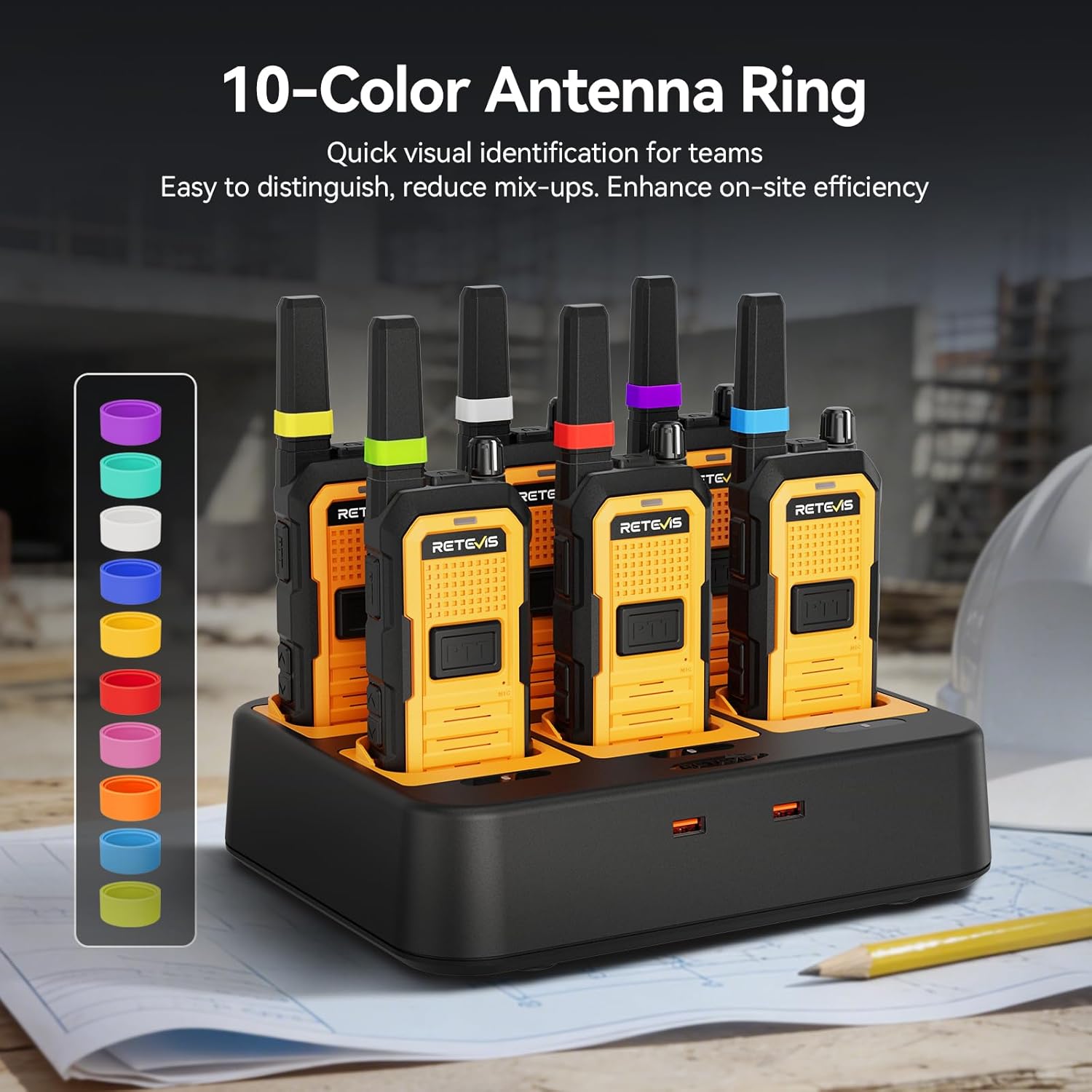 Retevis RB48A Industrial Noise Reduction Two Way Radios, IP67 Heavy Duty Walkie Talkies Long Range, Oversized Front PTT, Antenna ID Rings, 1000mW Speaker, 23-Hour Battery with Gang Charger(6 Pack)