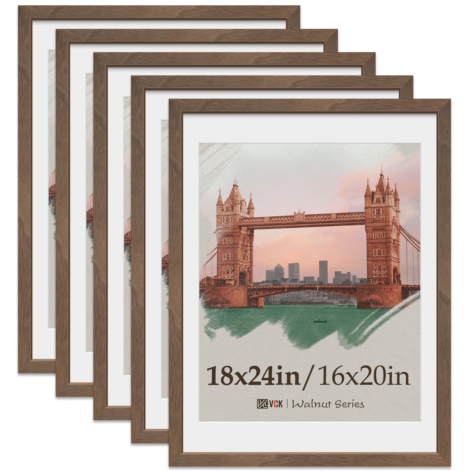 VCK 18x24 Poster Frame 5 Pack, Natural Wood Grain Brown Walnut, Display 16x20 Picture with Mat or 18x24 without Mat, Wall Hanging