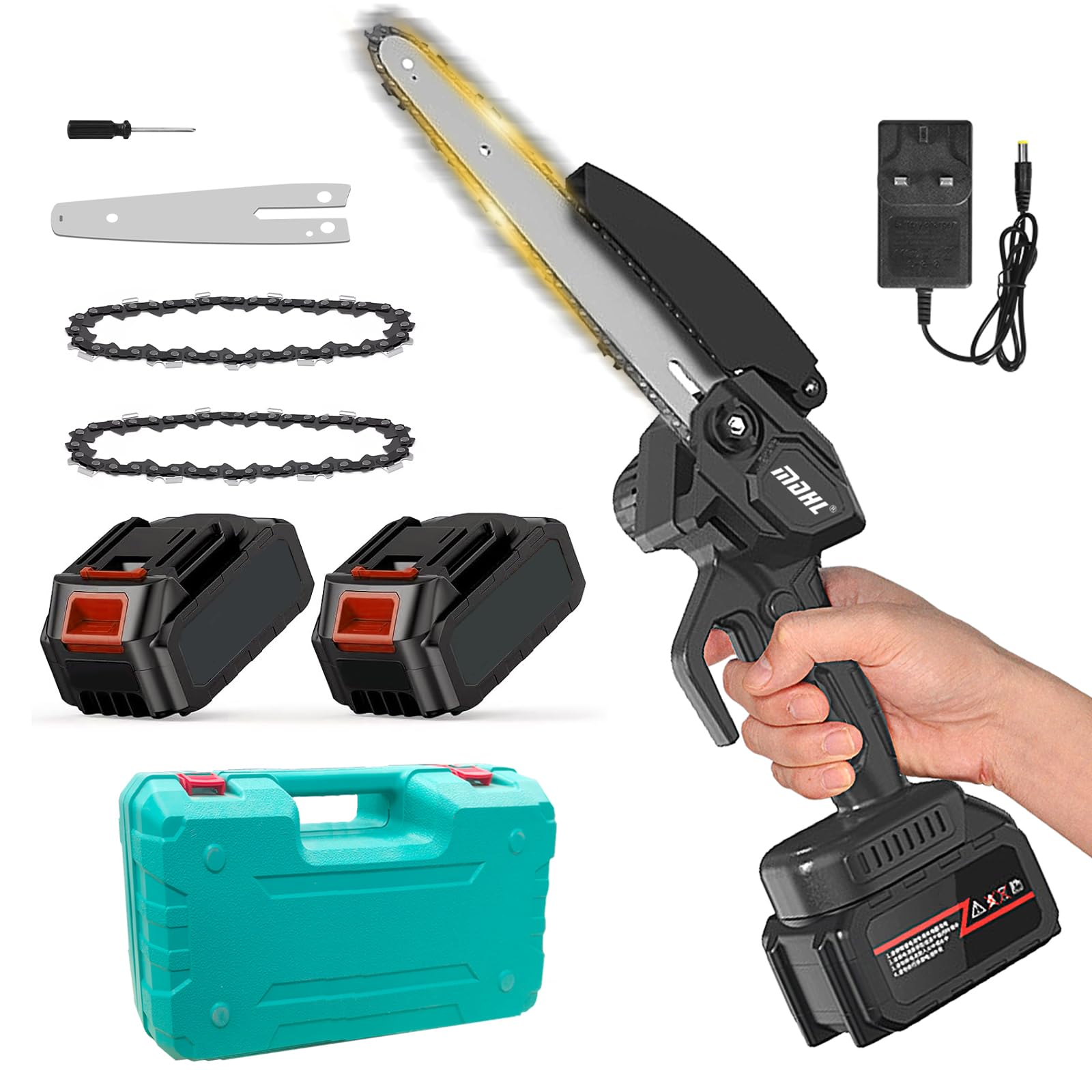 YOFIDRA Motosega A Batteria 18V 8+6 Pollici | Mini Sega Elettrica A Mano Con 2 Batterie E Catene