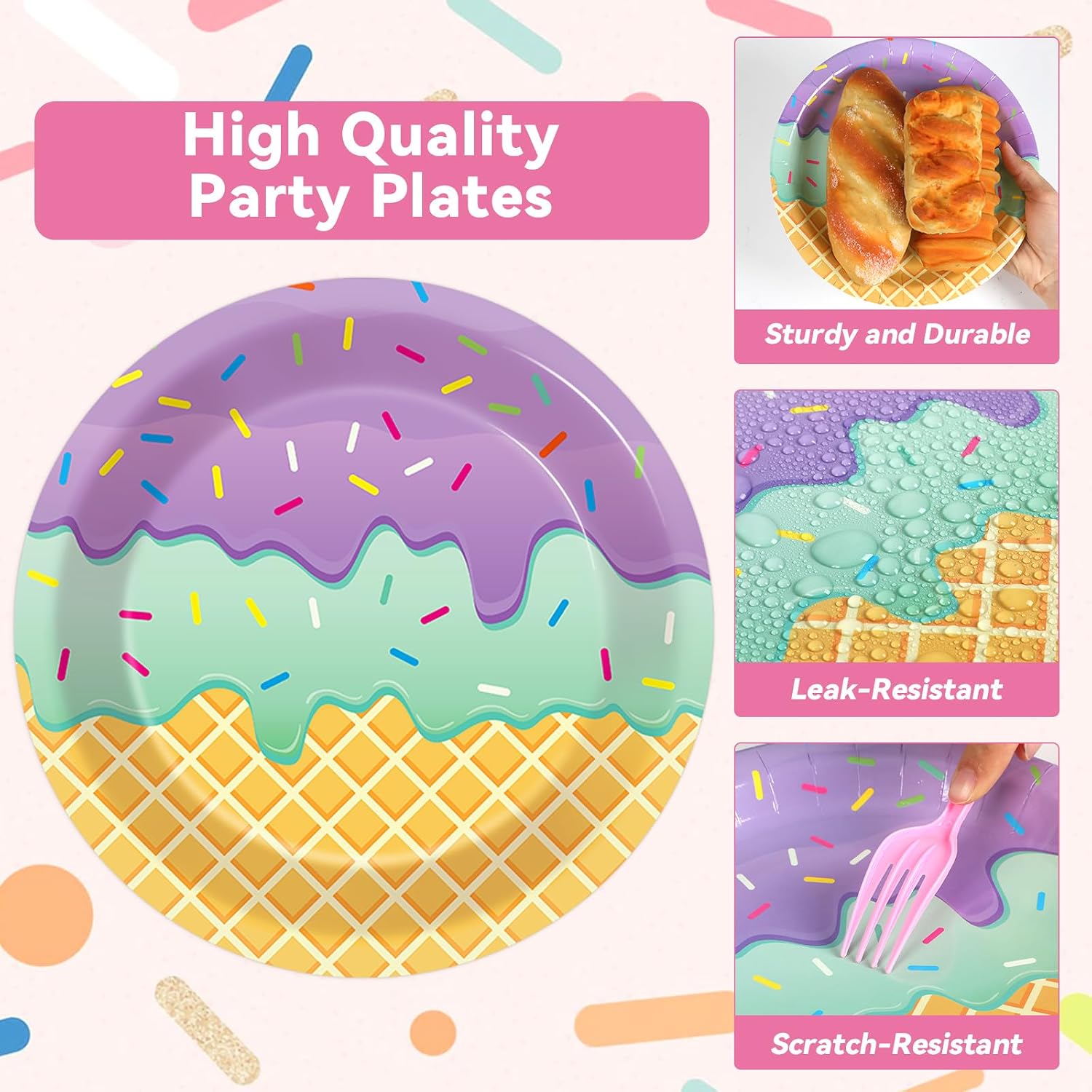 QOUBAI 100Pcs Ice Cream Birthday Party Supplies Pink Sweet Ice Cream Paper Plates Napkins Fork Set Disposable Fairy Ice Cream Tableware Decorations for Girls Baby Shower Dinner Serves 25 image 3