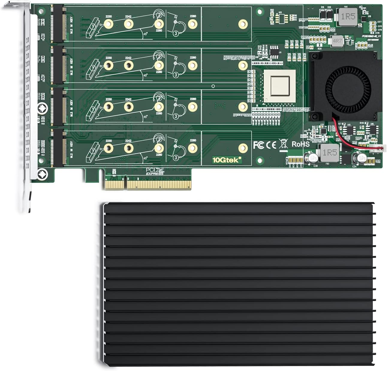 REDLUX NVMe SSD Adapter for U.2 SSD, X8, (4) M.2(M Key) connectors, Built-in a PEX-8724 Controller, Support Non-Bifurcation Motherboard.