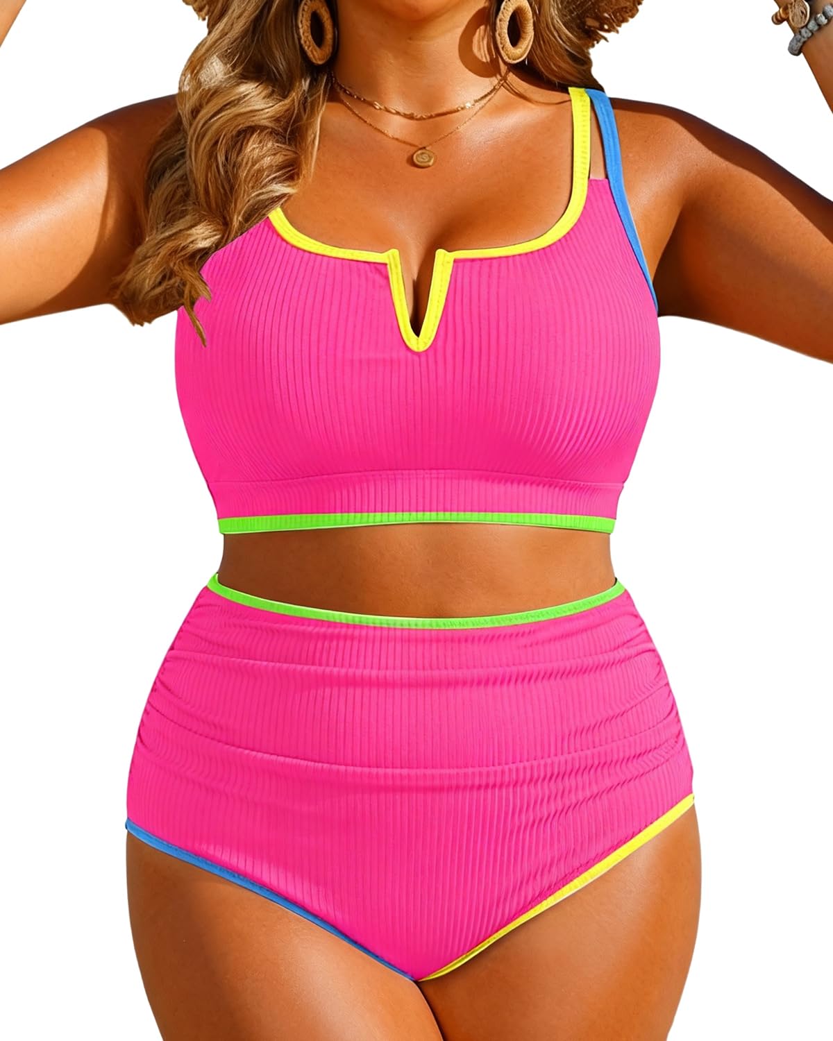 Photo 1 of Yonique Women Plus Size High Waisted Bikini - Ribbed Two Piece Swimsuit Tummy Control Bathing Suit V-Wired 2025 Swimwear Colorful Pink 12W