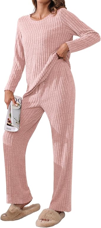TIANZHU Womens Pajamas Set Casual Ribbed Tops Wide Leg Pants with Pockets 2 Piece Lounge Nightwear Size 8-26