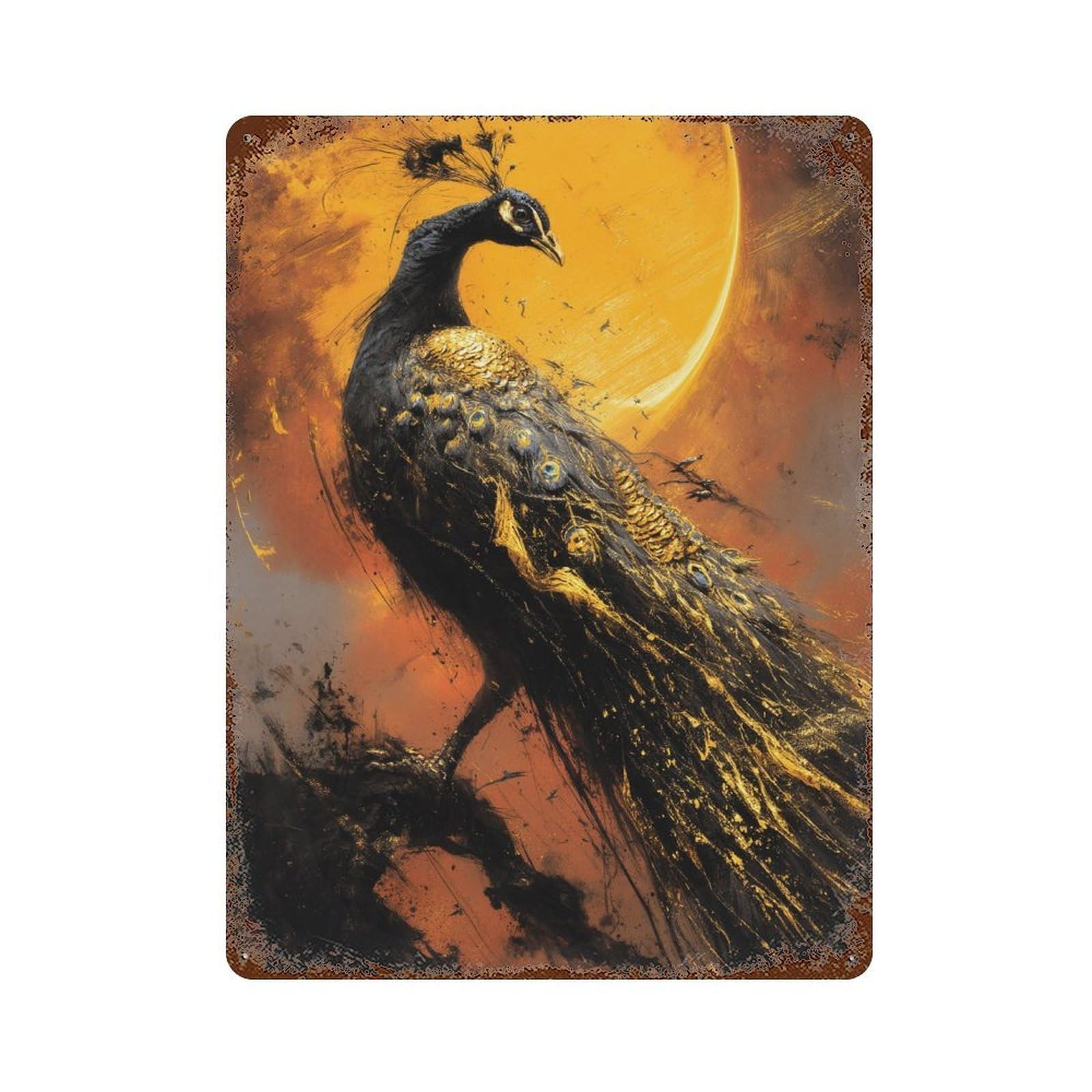 Golden Peacock Art Print-1 Rust Effect Tin Sign 15.7"x11.8", Vintage Wall Decor for Garage, Pub Or Kitchen