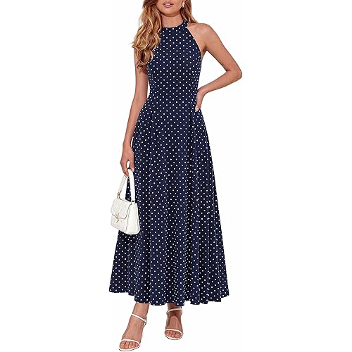 PRETTYGARDEN Summer Halter Dresses for Women 2026 Vacation Outfits Sleeveless Polka Dot Sundress Wedding Guest Maxi Dress