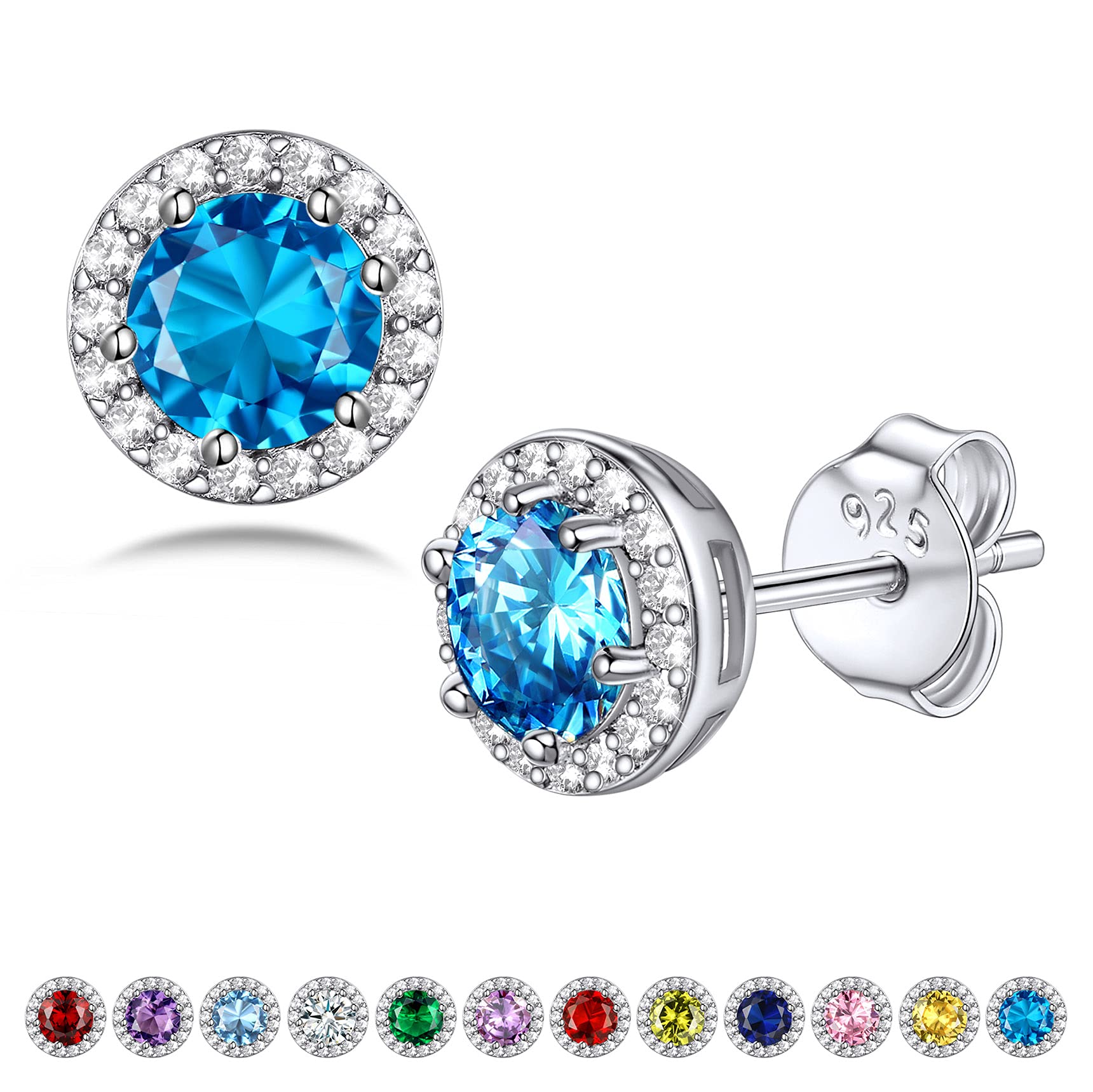 Bestyle Sparkling 925 Sterling Silver Birthstone Stud Earrings for Women, Heart/Round/Teardrop/Square Solitaire Diamond Studs Earrings, Great Birthday/Christmas Gifts