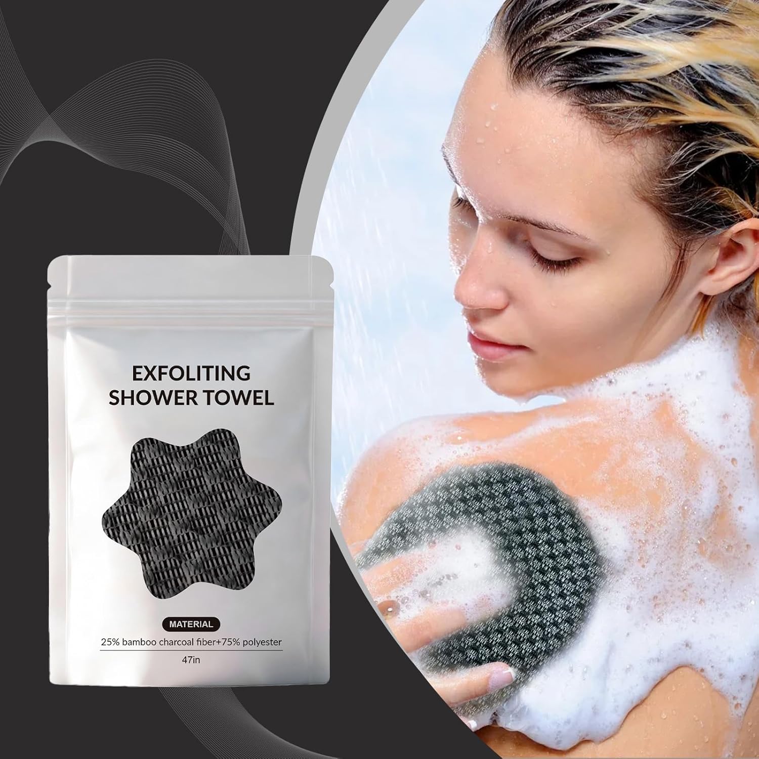Blissal Exfoliating Shower Towel, 2-in-1 Exfoliating Microfiber Towel, Deep Exfoliating, 2 Sides Shower Towel, Premium Scrub Wash Cloth for All Body Skin Types Woman and Men (Black+Pink)