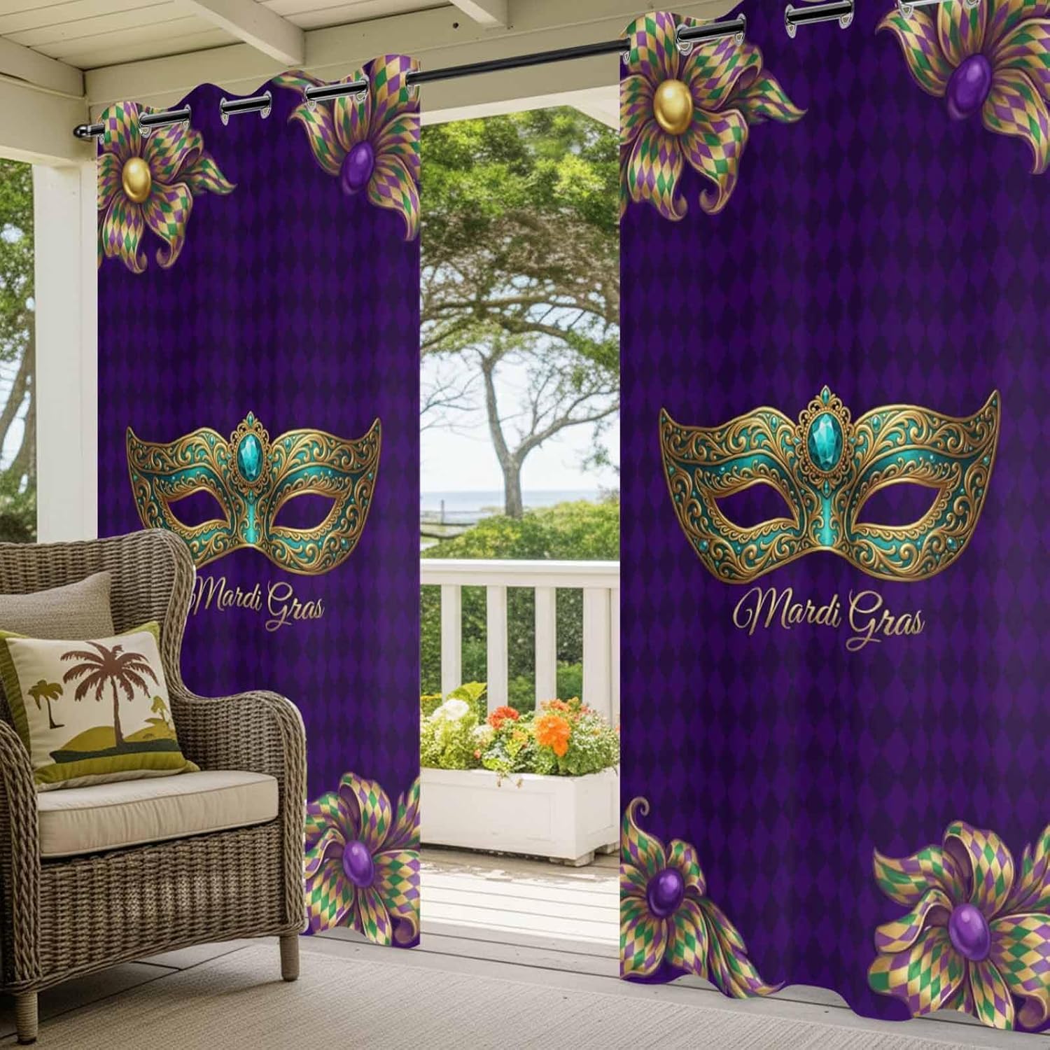 Carnival Mardi Gras Celebraion Waterproof Outdoor Curtains for Patio,Blackout Curtain with 2 Tiebacks,Mask on Purple Diamond Checker Grommet Window Treatment for Porch Pergola Decor,2 Panels,52"x84"