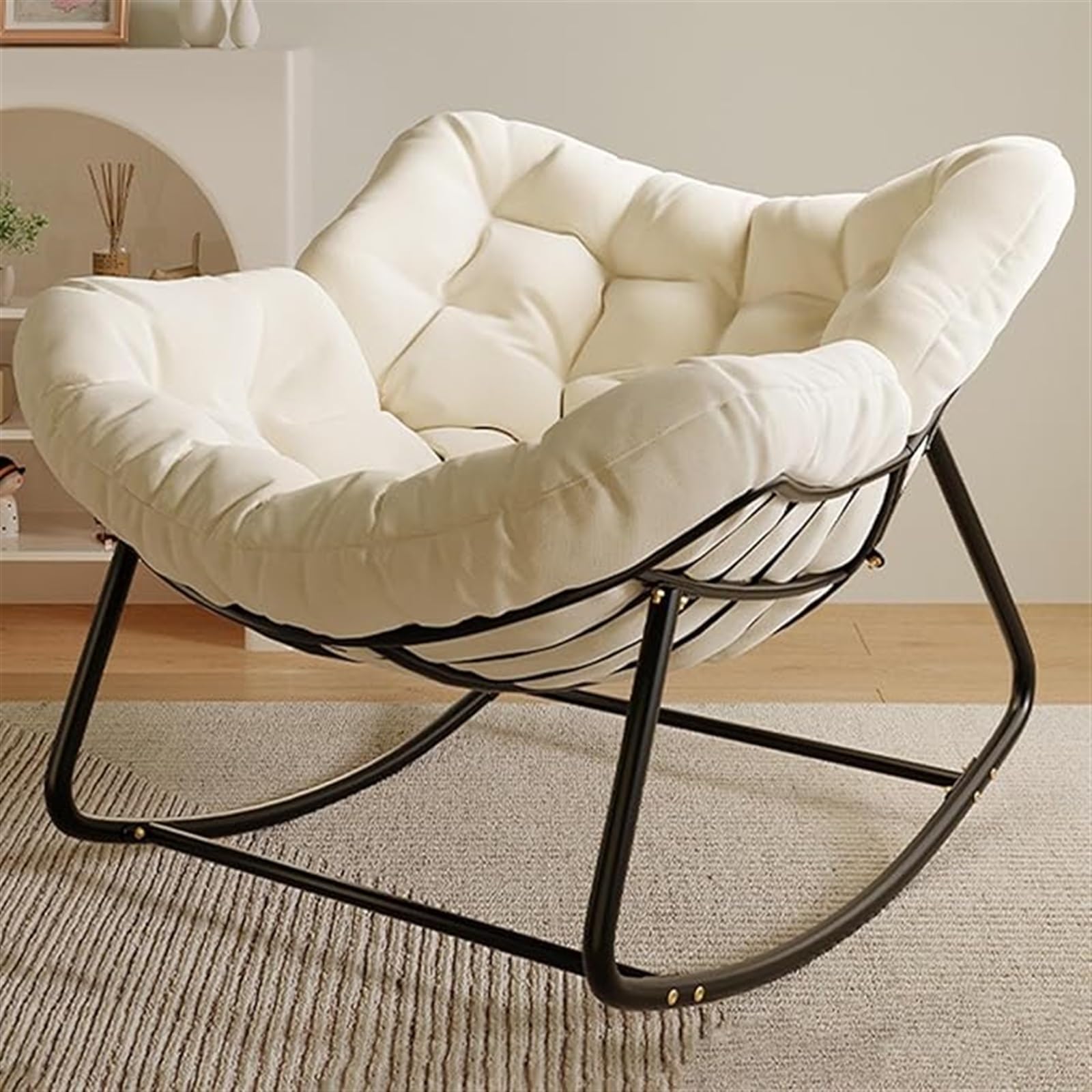 Cómoda Mecedora Relajante para Interiores y Exteriores, para Patio, Curvada, para balcón, con Estructura metálica y Cojines Gruesos (Blanco Roto).